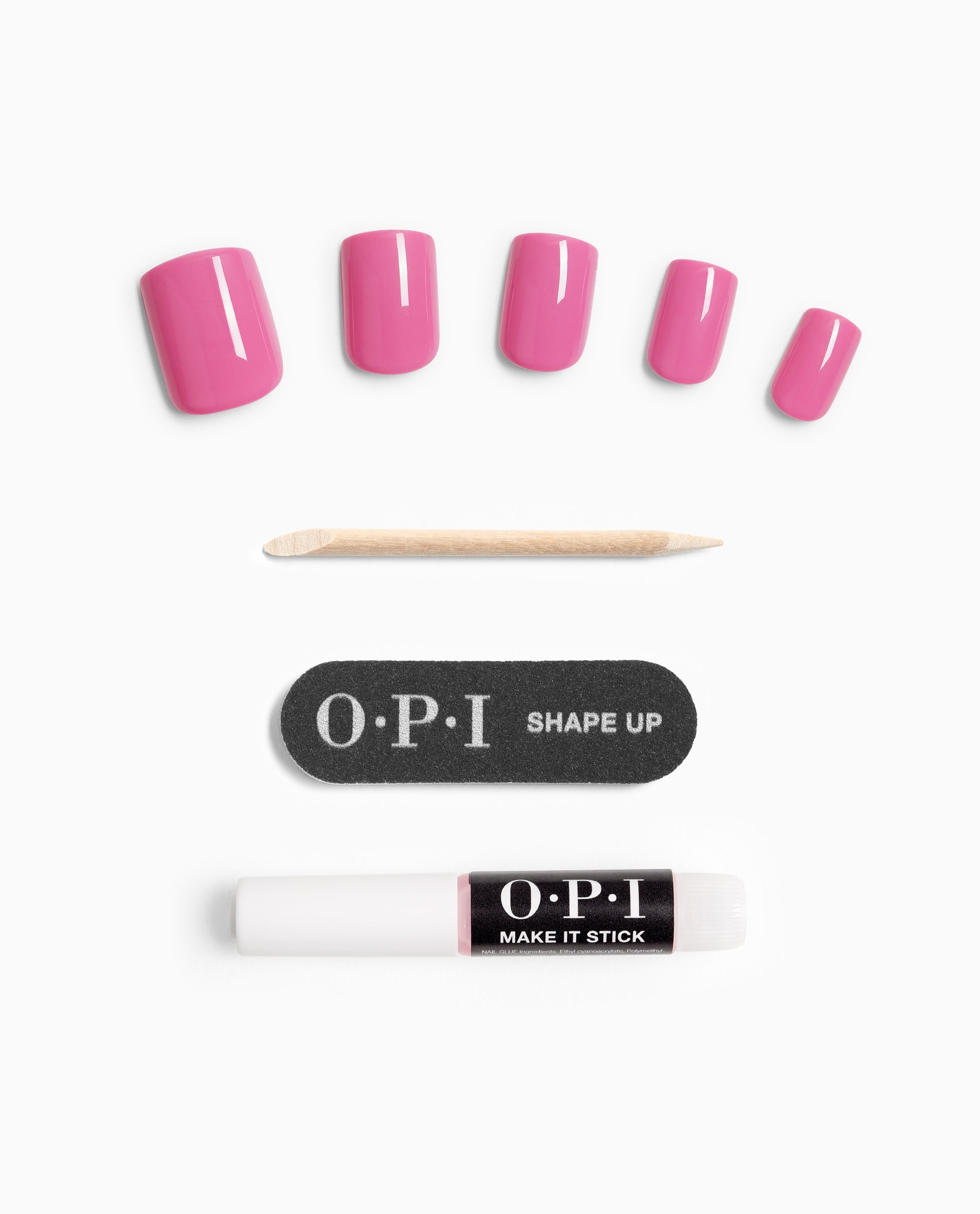 OPI Lucky Lucky Lavender On Point press-on nail set displays glossy pink lavender nails with a wooden cuticle stick, Shape Up nail file, and Make It Stick glue on a white background, ideal for fall nail colors.