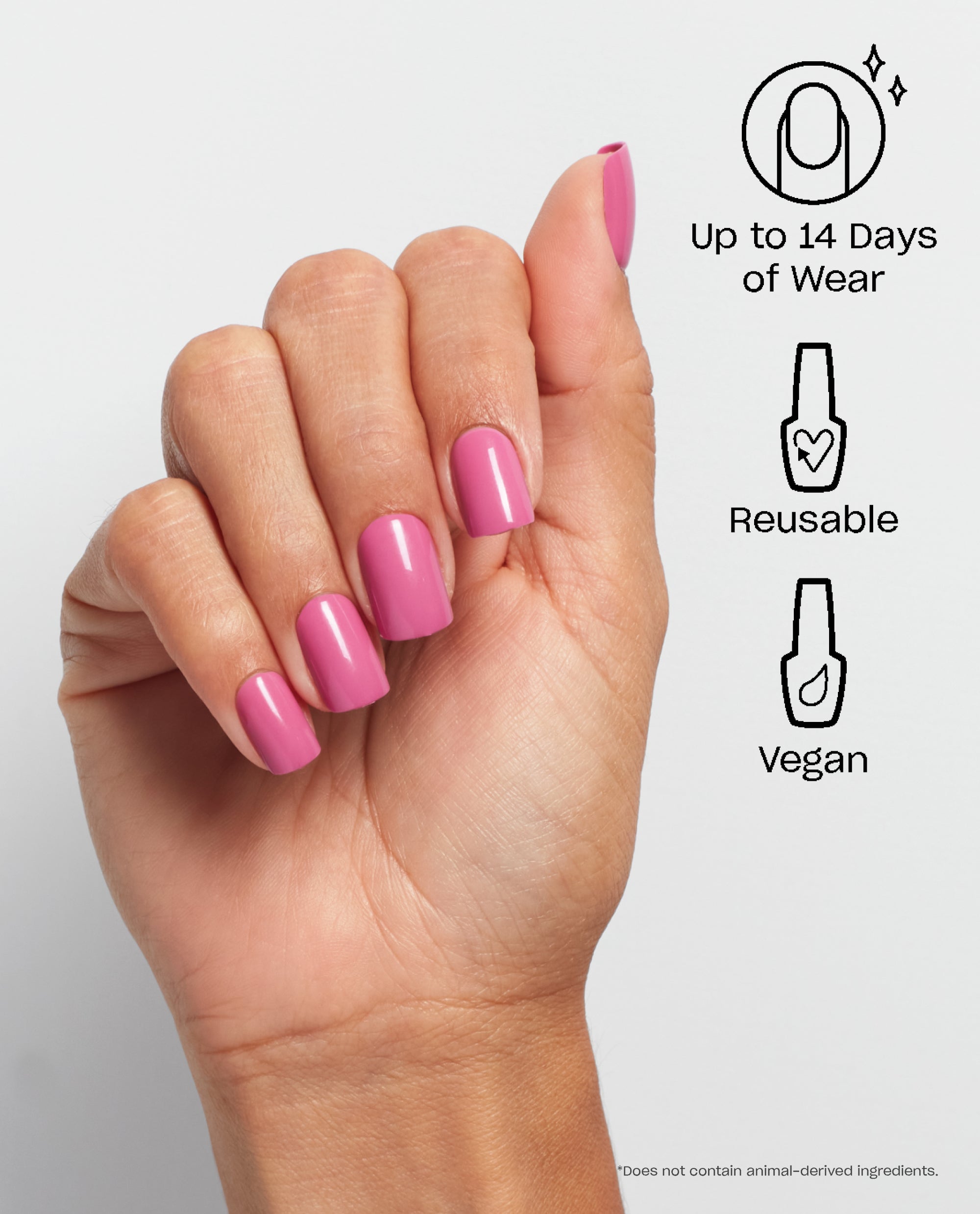 Hand modeling glossy Lucky Lucky Lavender On Point nails in an OPI pink-lavender fall nail color, beside icons for up to 14 days of wear, reusable, and vegan.