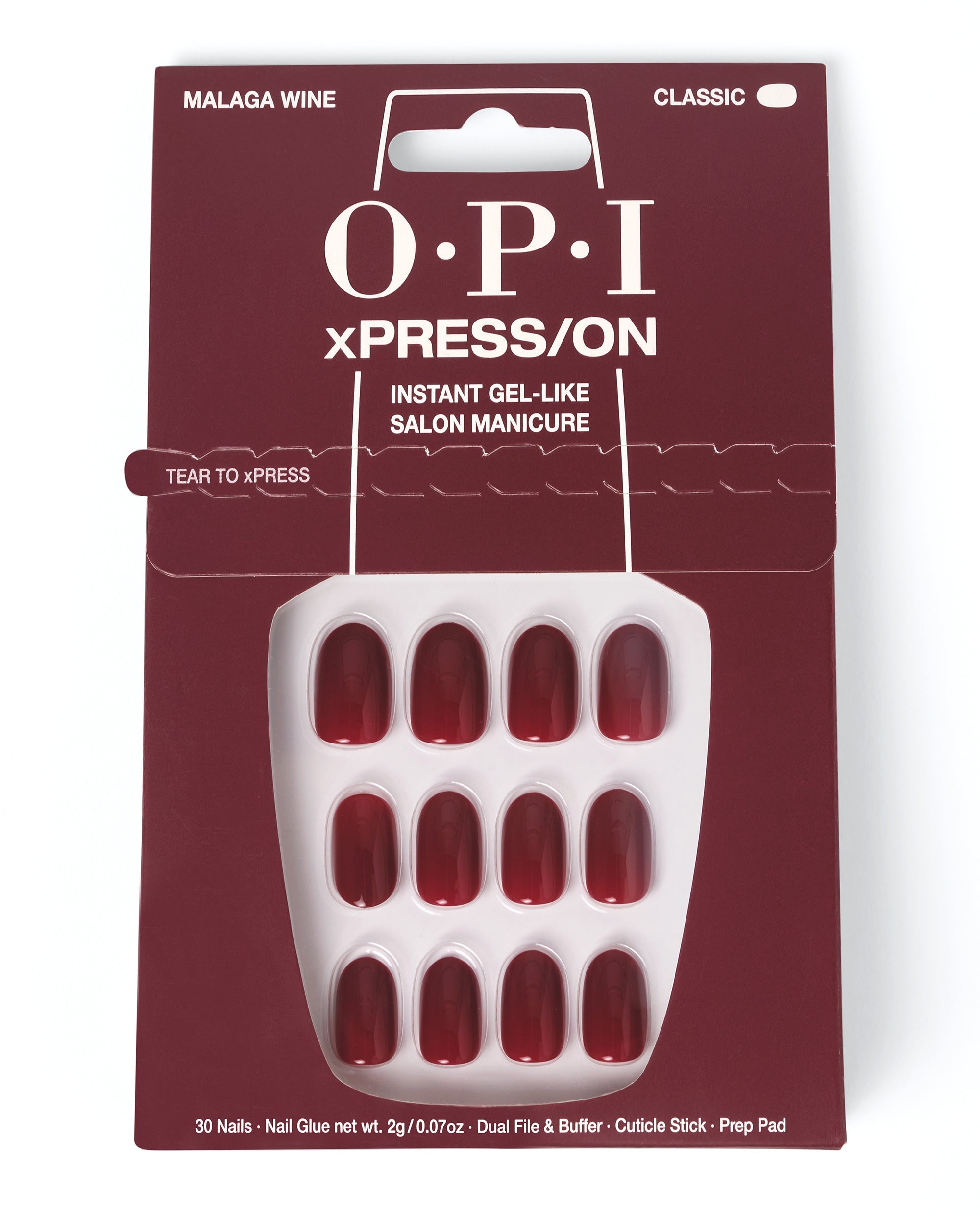 OPI xPRESS/ON Malaga Wine press-on nails display glossy deep red, gel-like classic tips in burgundy packaging, a rich choice for fall nail colors and at-home manicures.