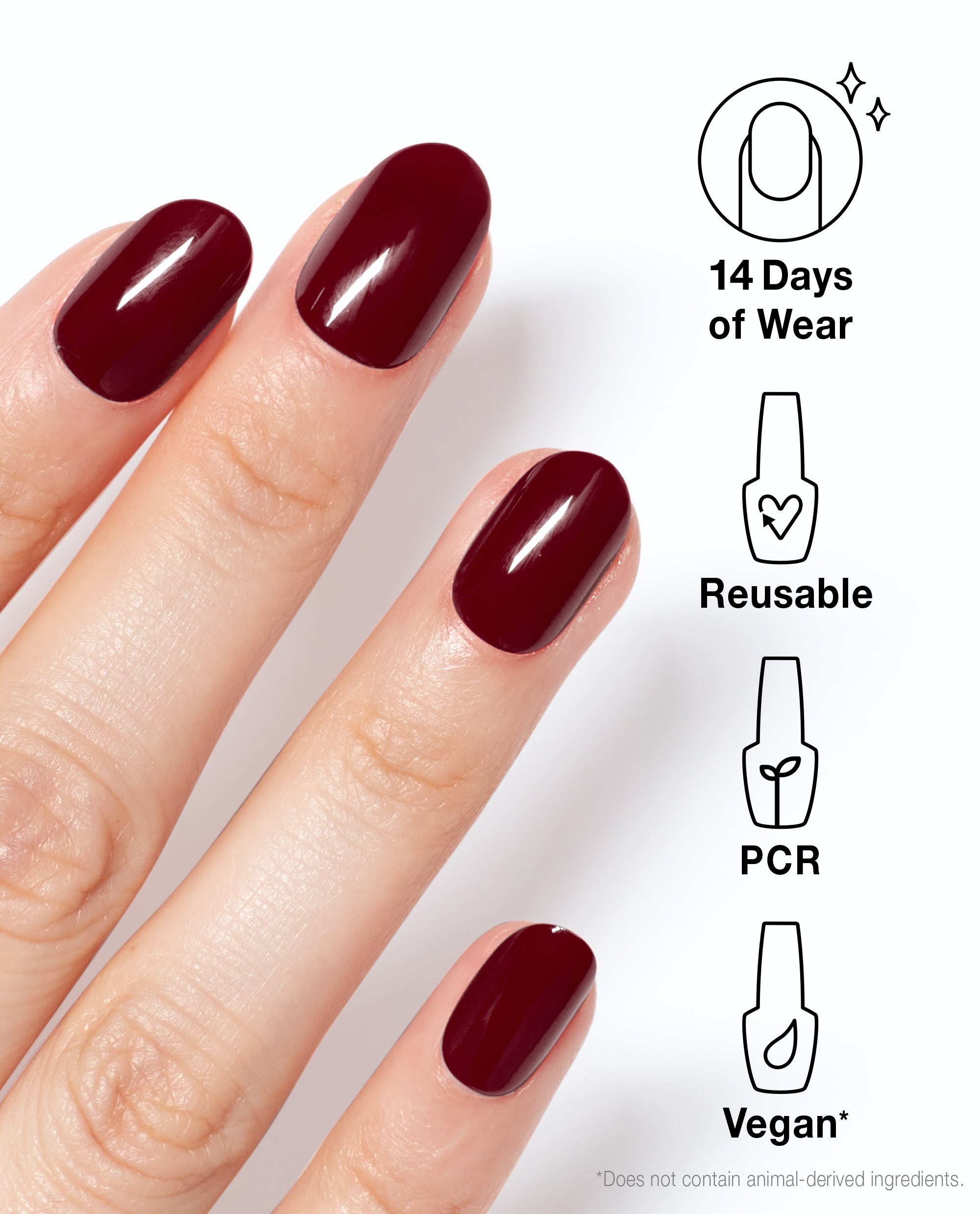 OPI Malaga Wine xPRESS/ON nails show glossy deep burgundy fall nail colors on a hand, with icons noting 14 days of wear, reusable tips, PCR material, and vegan formula.