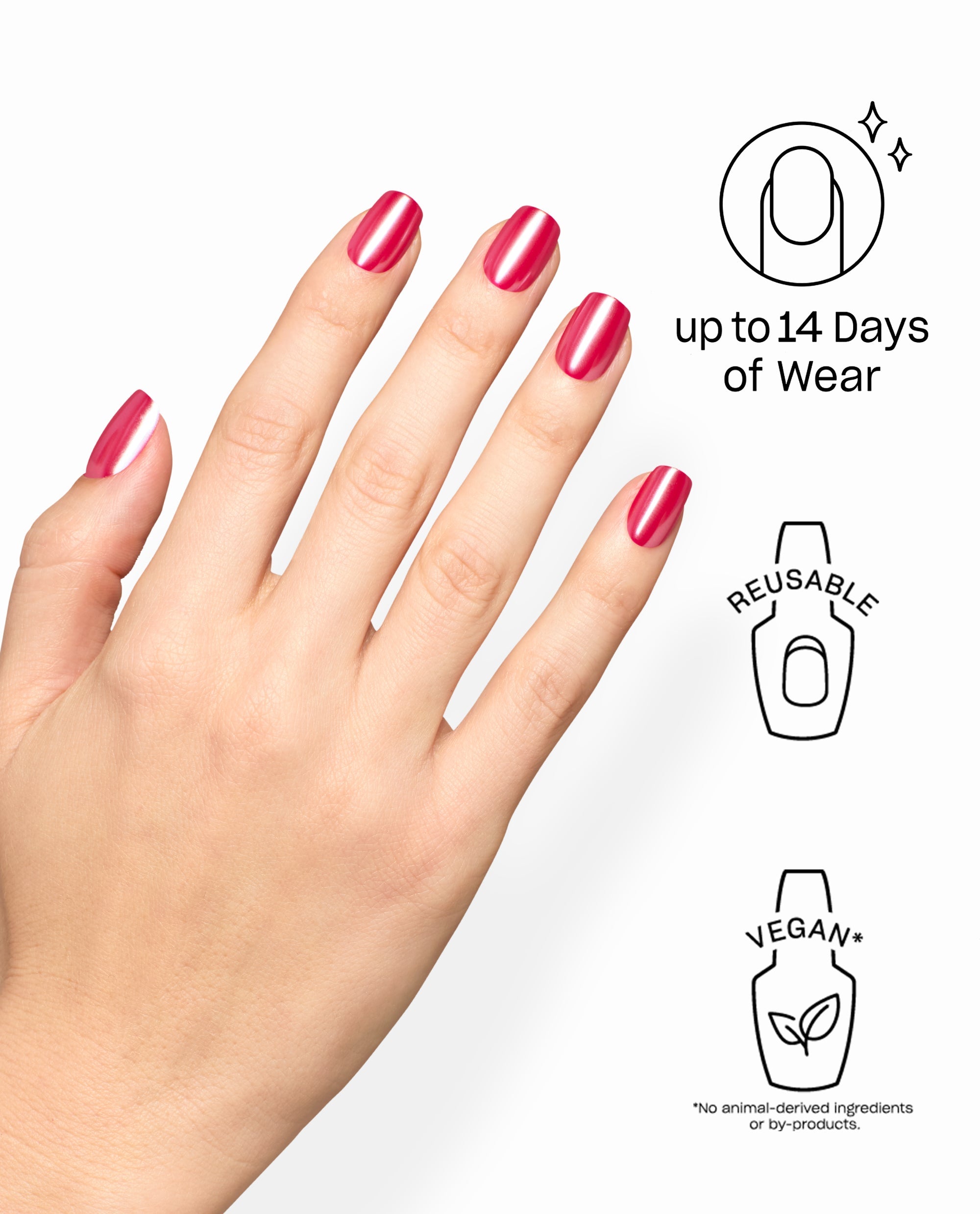 Hand wearing glossy Malaga Glaze OPI On Point artificial nails in a rich magenta shade, highlighting reusable, vegan press-ons with up to 14 days of wear for fall nail colors.