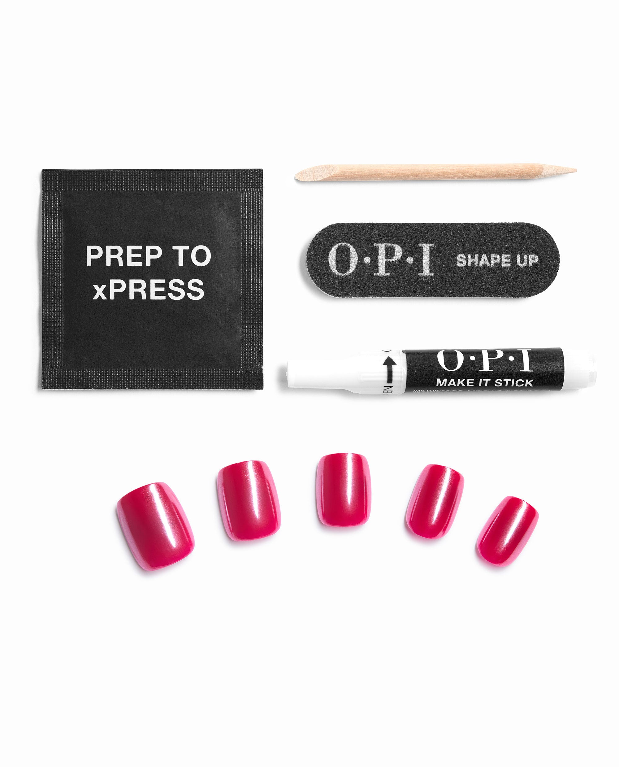 OPI Malaga Glaze On Point press-on nail kit with glossy berry-pink artificial nails, prep pad, cuticle stick, nail file, and glue pen on a white background, a bold pick for fall nail colors.