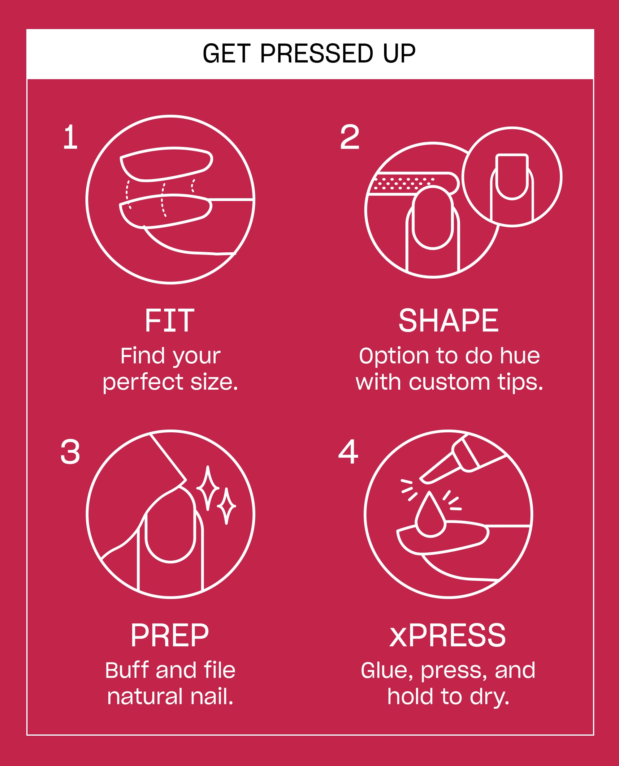 Malaga Glaze On Point press-on nail instructions show steps to fit, shape, prep, and glue nails on a magenta background, highlighting OPI-inspired fall nail colors for an easy manicure.