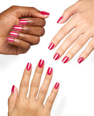 Three hands model OPI Malaga Glaze, a glossy berry-red On Point manicure with rounded-square nails, showcasing vibrant fall nail colors on a clean white background.