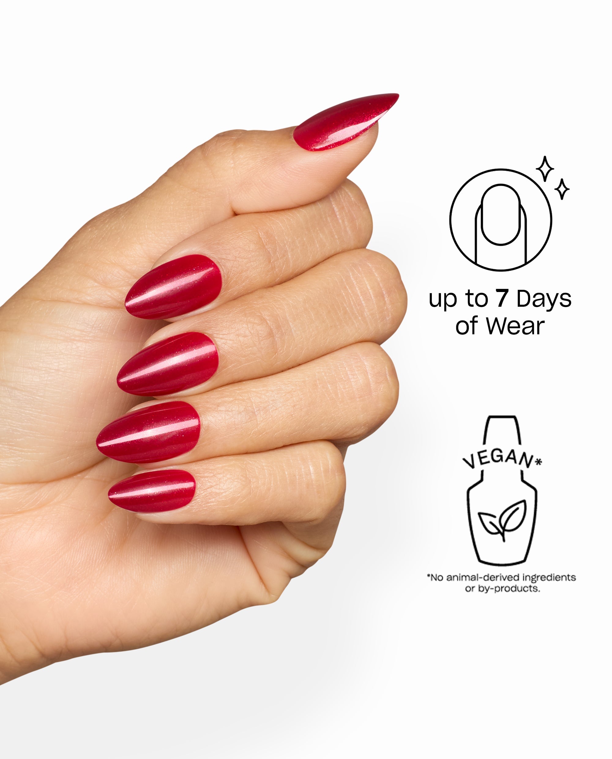 Hand wearing OPI Malaga Wine Not Sticking Point glossy wine-red almond press-on nails, a rich fall nail color with up to 7 days of wear and vegan formula on a white background.