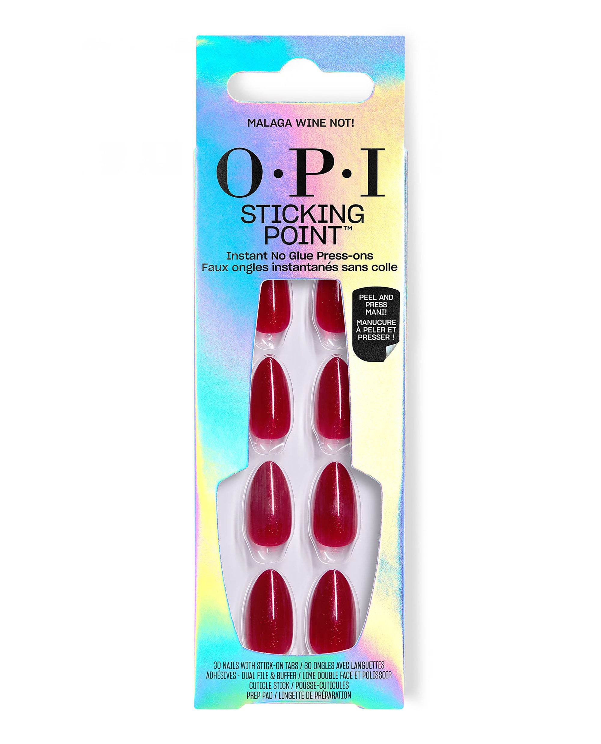 OPI Sticking Point Malaga Wine Not press-on nails in deep wine red are displayed in iridescent retail packaging, featuring instant no-glue application for polished fall nail colors.