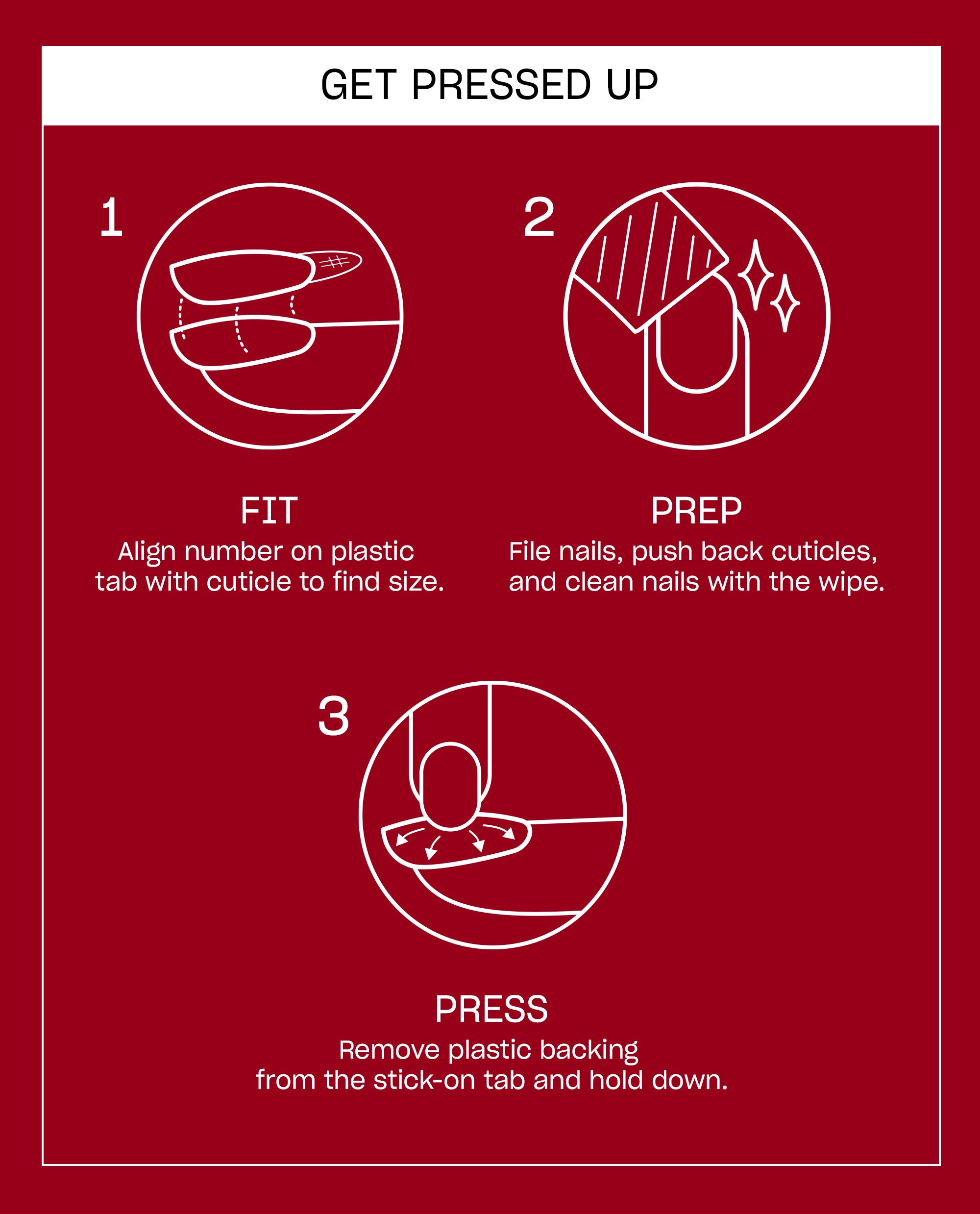 Malaga Wine Not Sticking Point press-on nail instructions show fit, prep, and press steps in white line art on a deep wine red background, highlighting OPI fall nail colors.
