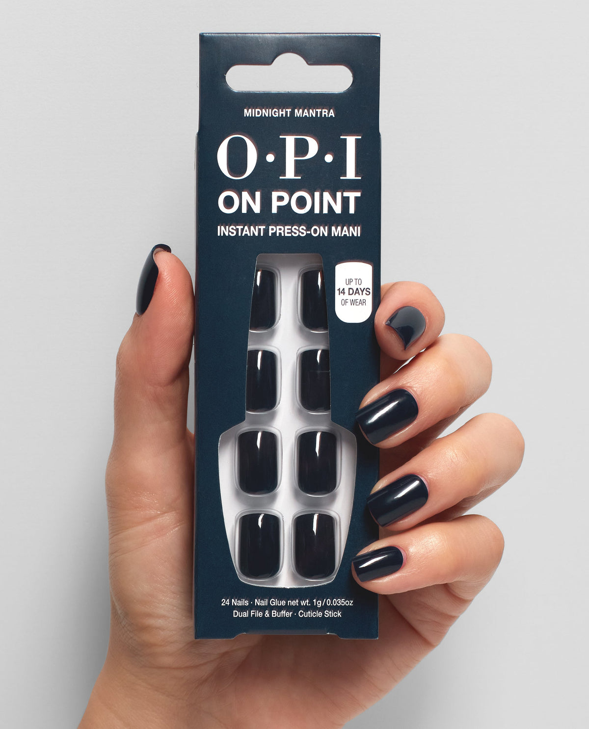 Midnight Mantra Dark Blue Press-on Nails Hand & Product
