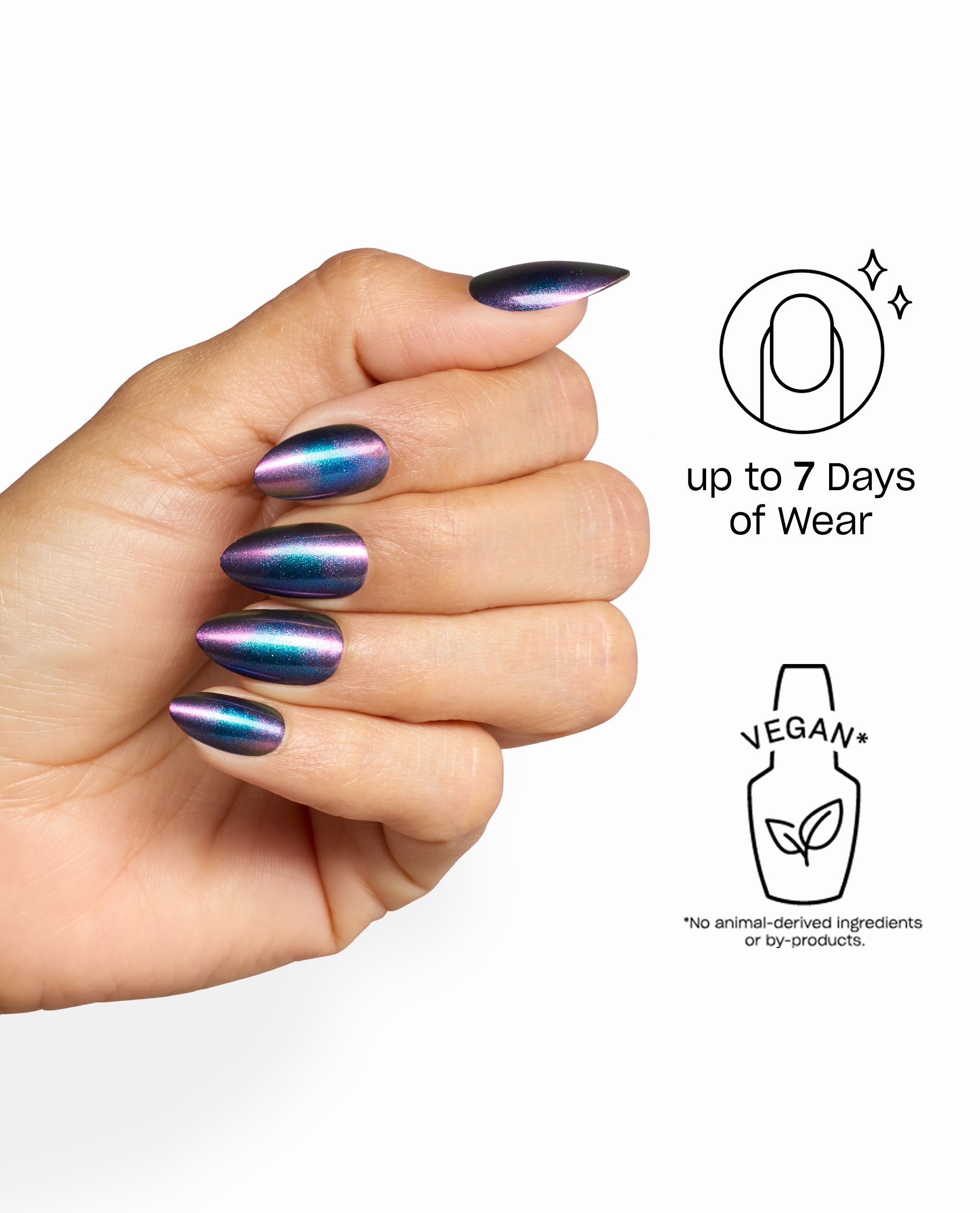 Milky Mani Way Sticking Point artificial nails in iridescent purple-blue chrome on a hand, showcasing almond-shaped OPI fall nail colors with up to 7 days of vegan wear.