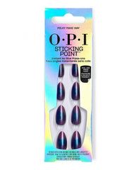 OPI Sticking Point Milky Mani Way press-on nails displayed in iridescent retail packaging, featuring glossy oval artificial nails with purple, teal, and blue shimmer for bold fall nail colors.