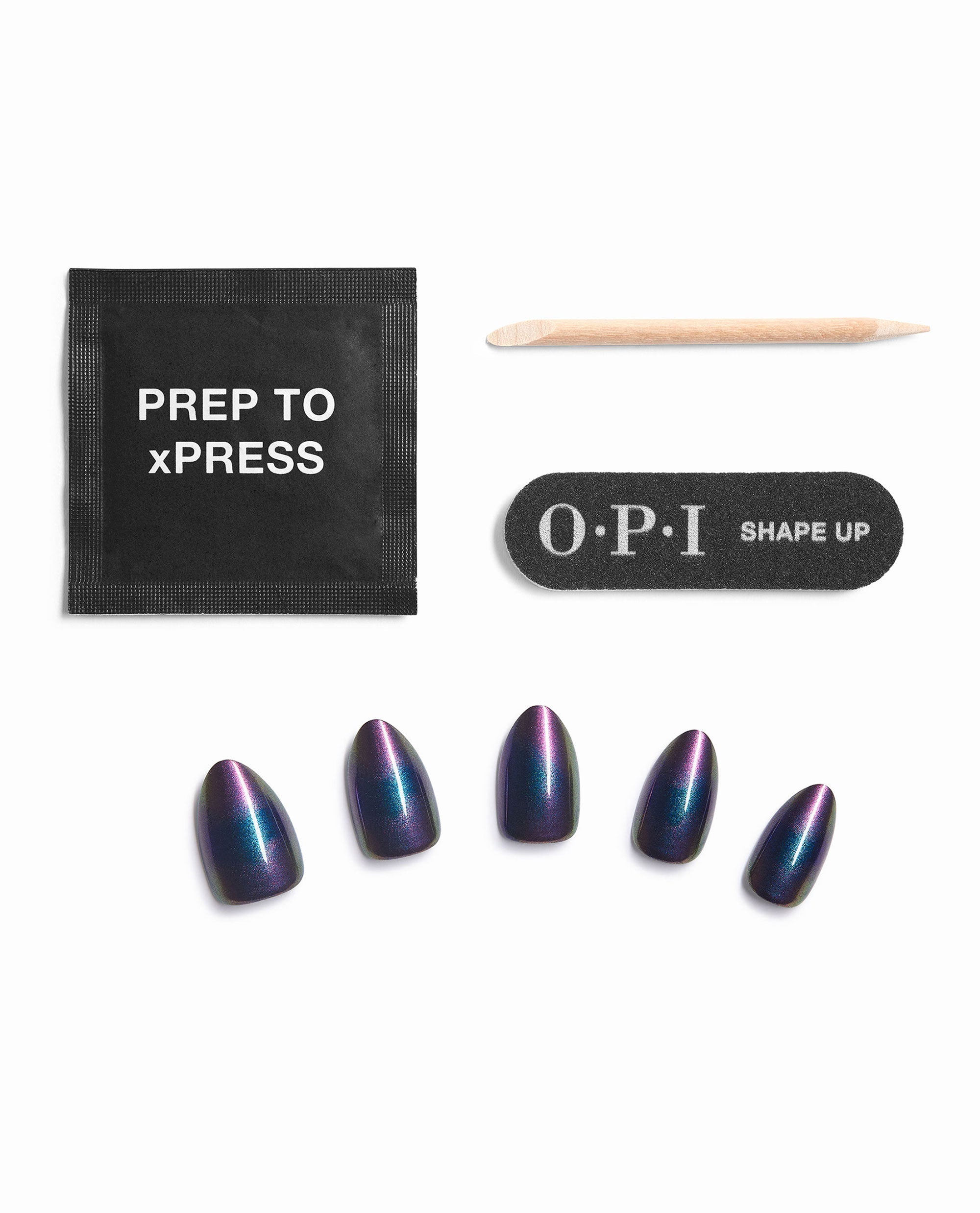 Milky Mani Way Sticking Point press-on nail kit displays an OPI prep pad, wooden cuticle stick, Shape Up nail file, and iridescent purple-blue artificial nails in fall nail colors on a white background.
