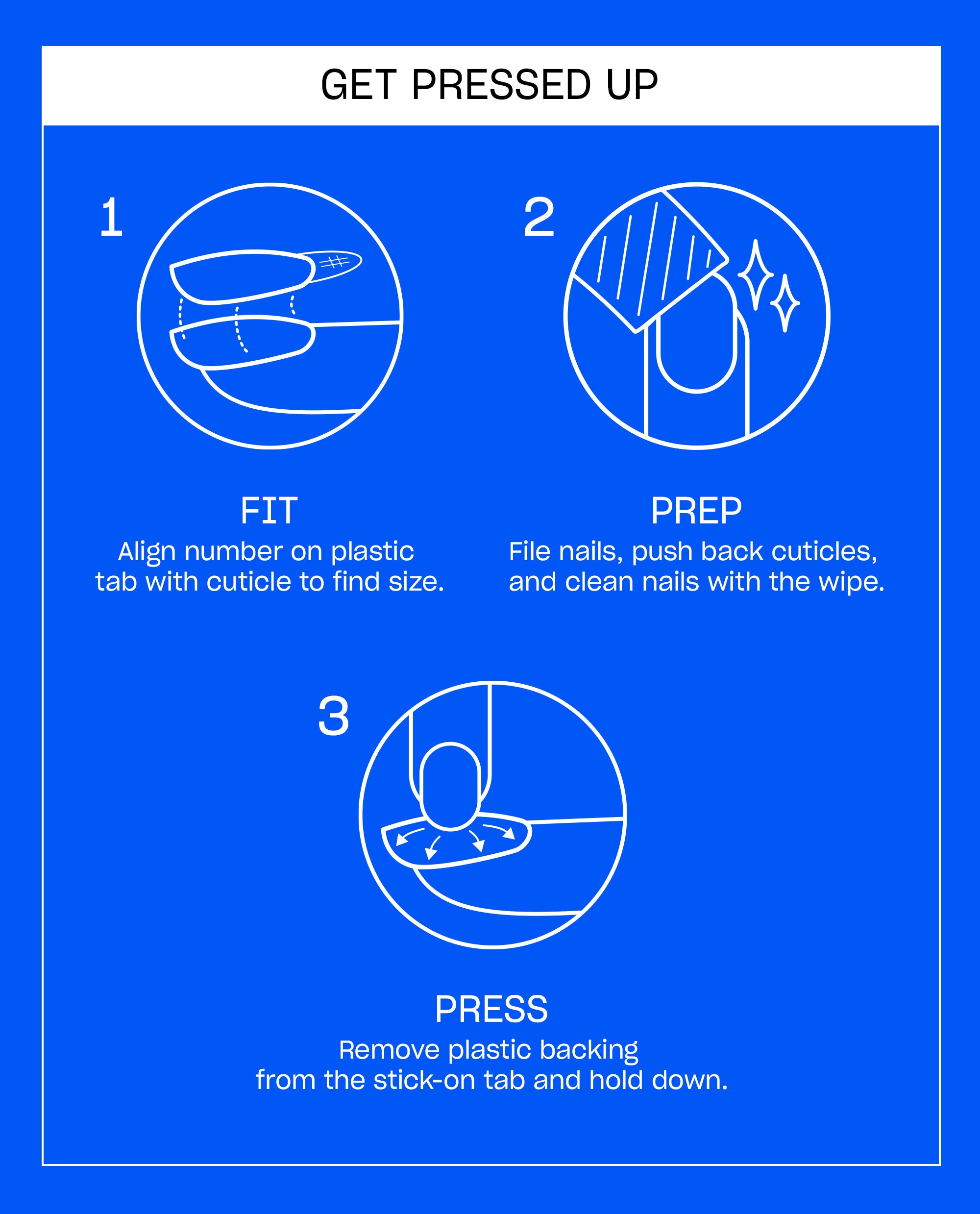 Milky Mani Way Sticking Point guide explains how to fit, prep, and press OPI press-on nails, with white line icons on a bright blue instruction card for fall nail colors.