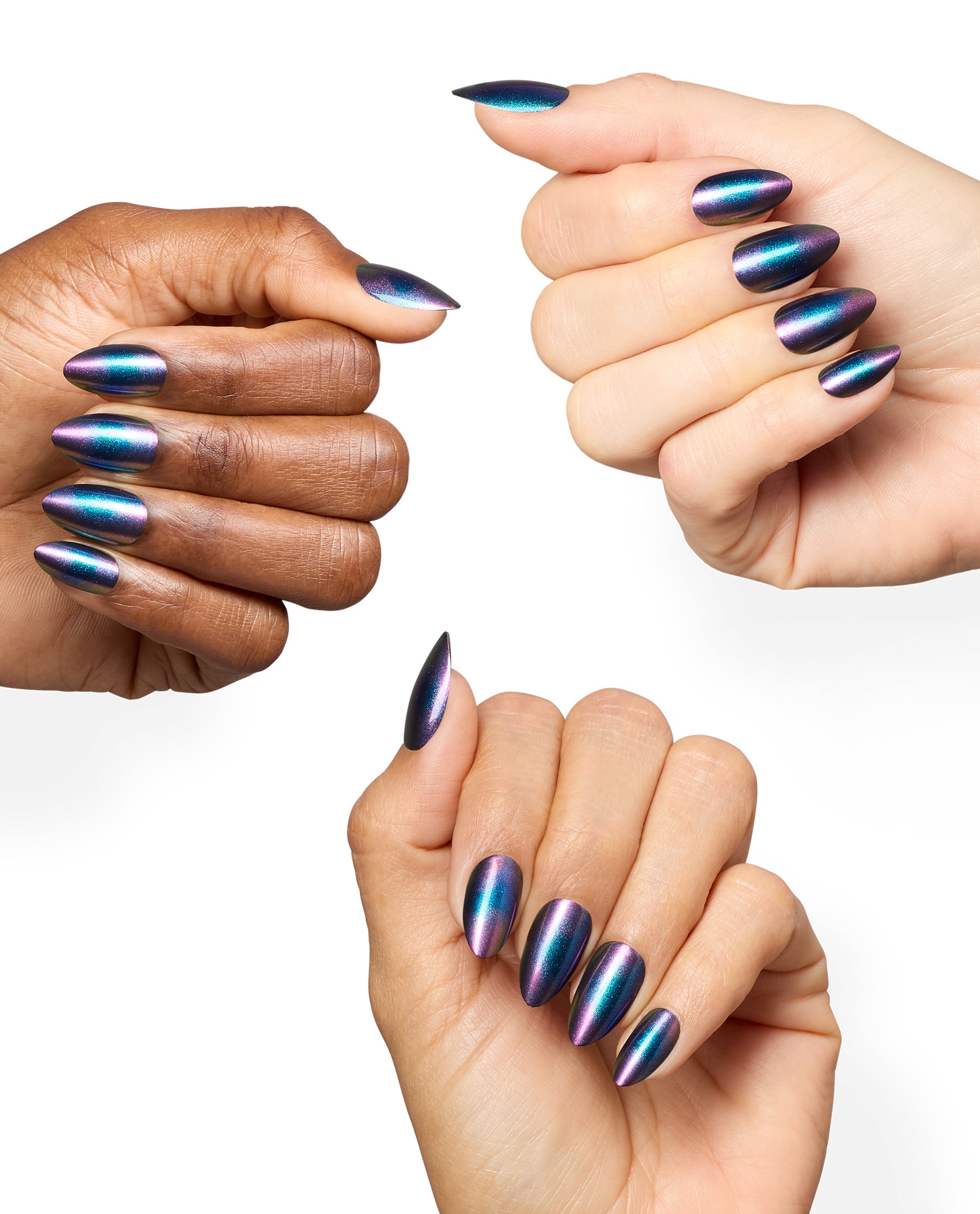 Three hands display almond-shaped nails in OPI Milky Mani Way Sticking Point, a magnetic shimmer shifting teal, purple, and navy on a clean white background, showcasing bold fall nail colors.