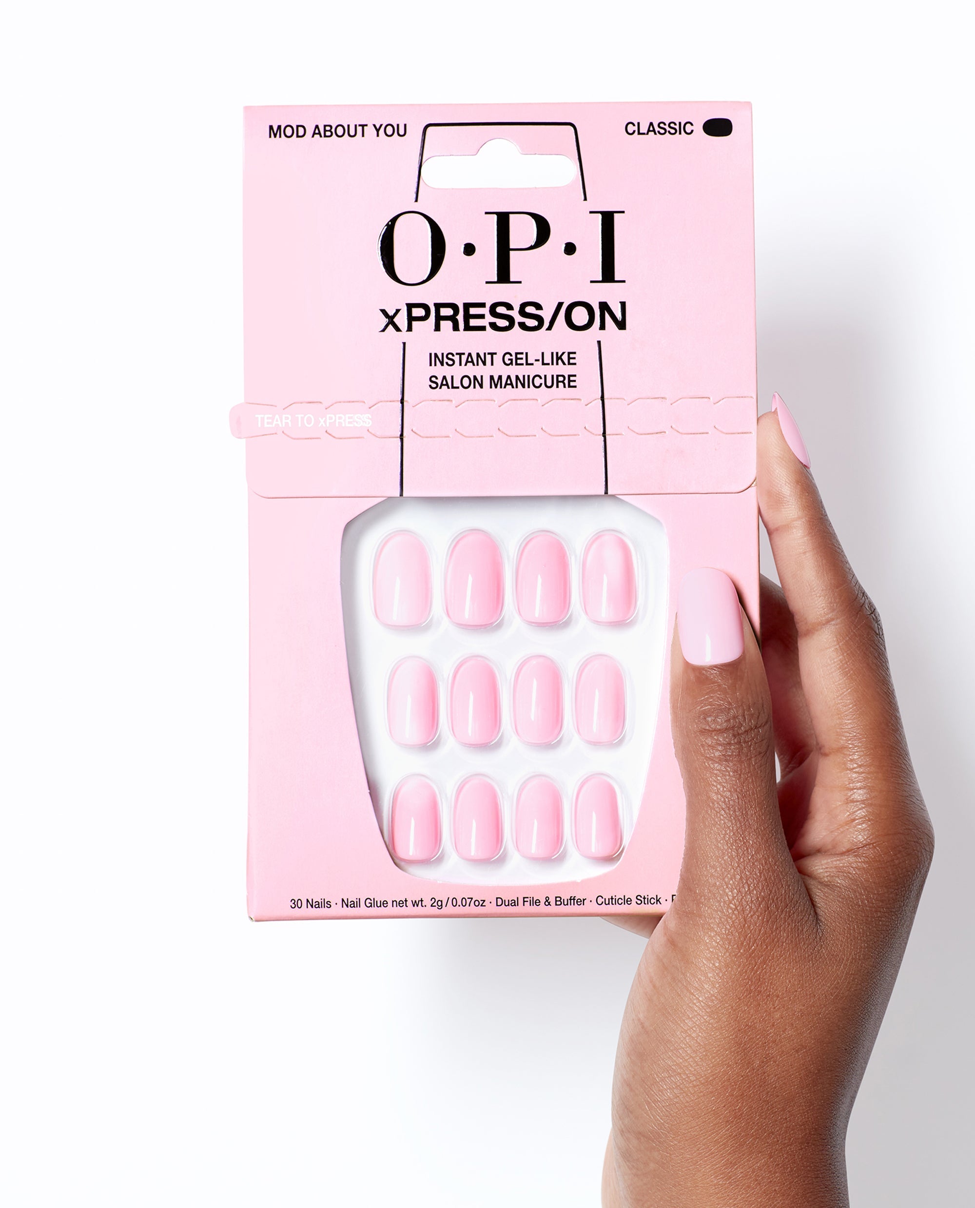 OPI Mod About You - Short Pink Press-on Nails Hand and Product