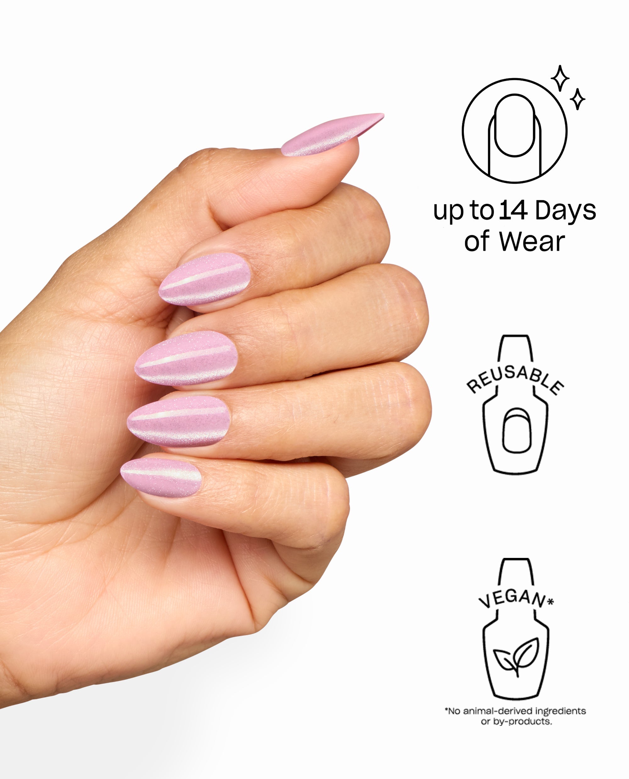 Hand wearing OPI Mod About Chrome On Point reusable artificial nails in shimmery pink almond shape, shown with icons for up to 14 days of wear and vegan formula, a soft option for fall nail colors.