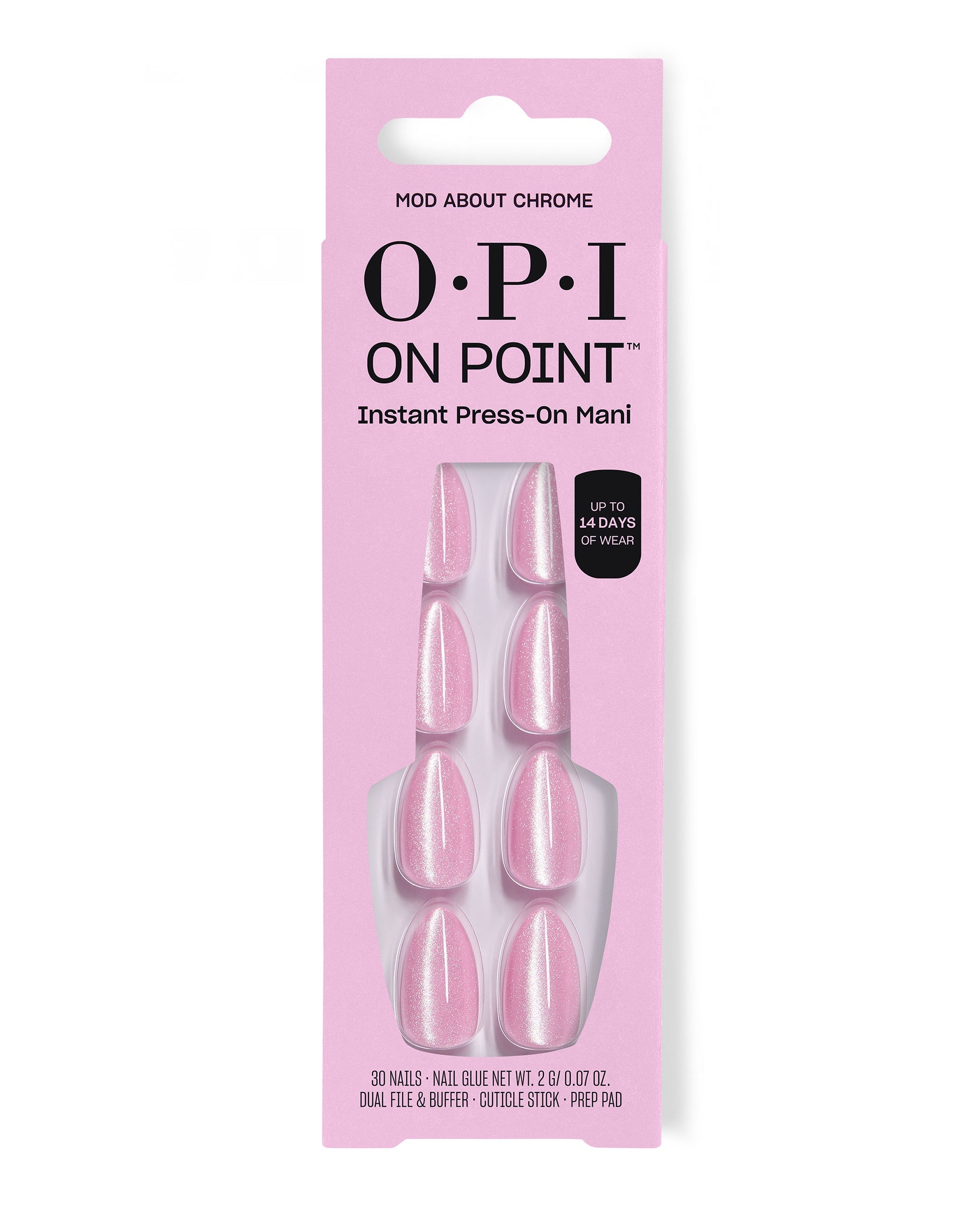 OPI Mod About Chrome On Point instant press-on nails display shimmery pink chrome oval nails in a pink box, offering up to 14 days of wear for glossy fall nail colors.