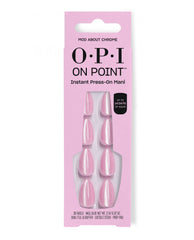 OPI Mod About Chrome On Point instant press-on nails display shimmery pink chrome oval nails in a pink box, offering up to 14 days of wear for glossy fall nail colors.