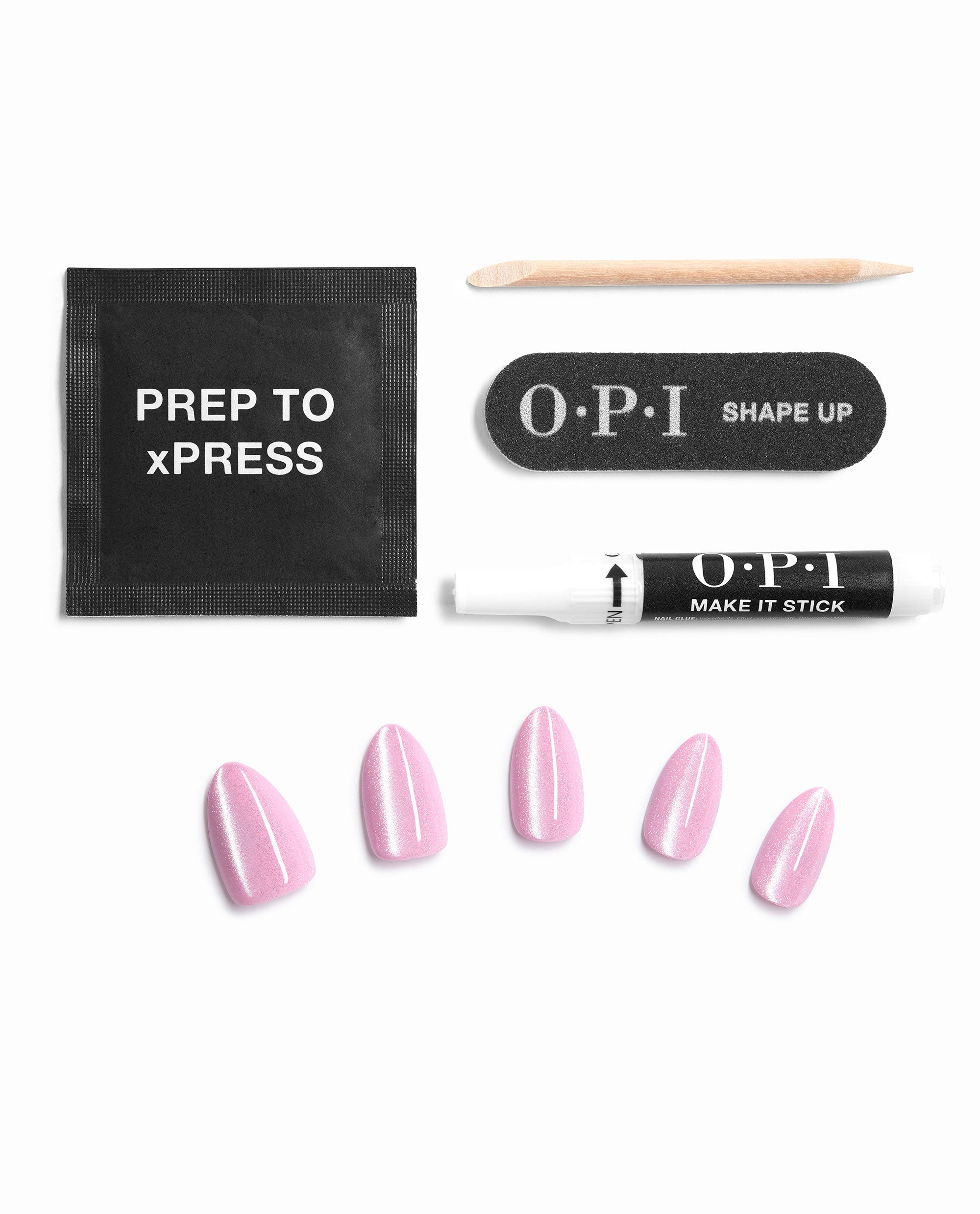 OPI Mod About Chrome On Point press-on nail kit arranged on a white background with pink pearlescent nails, prep pad, cuticle stick, nail file, and glue for trendy fall nail colors.