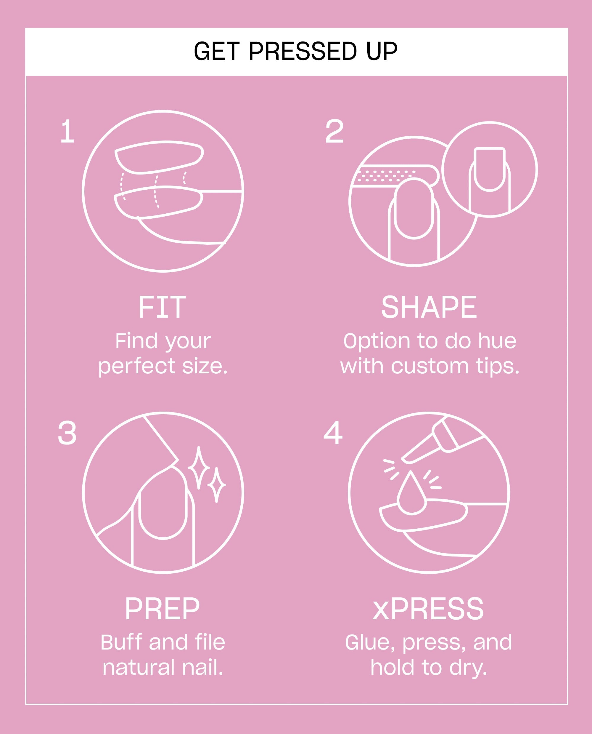 Pink OPI Mod About Chrome On Point press-on nail instruction card shows four steps - fit, shape, prep, and xPRESS glue application - for artificial nails in fall nail colors.