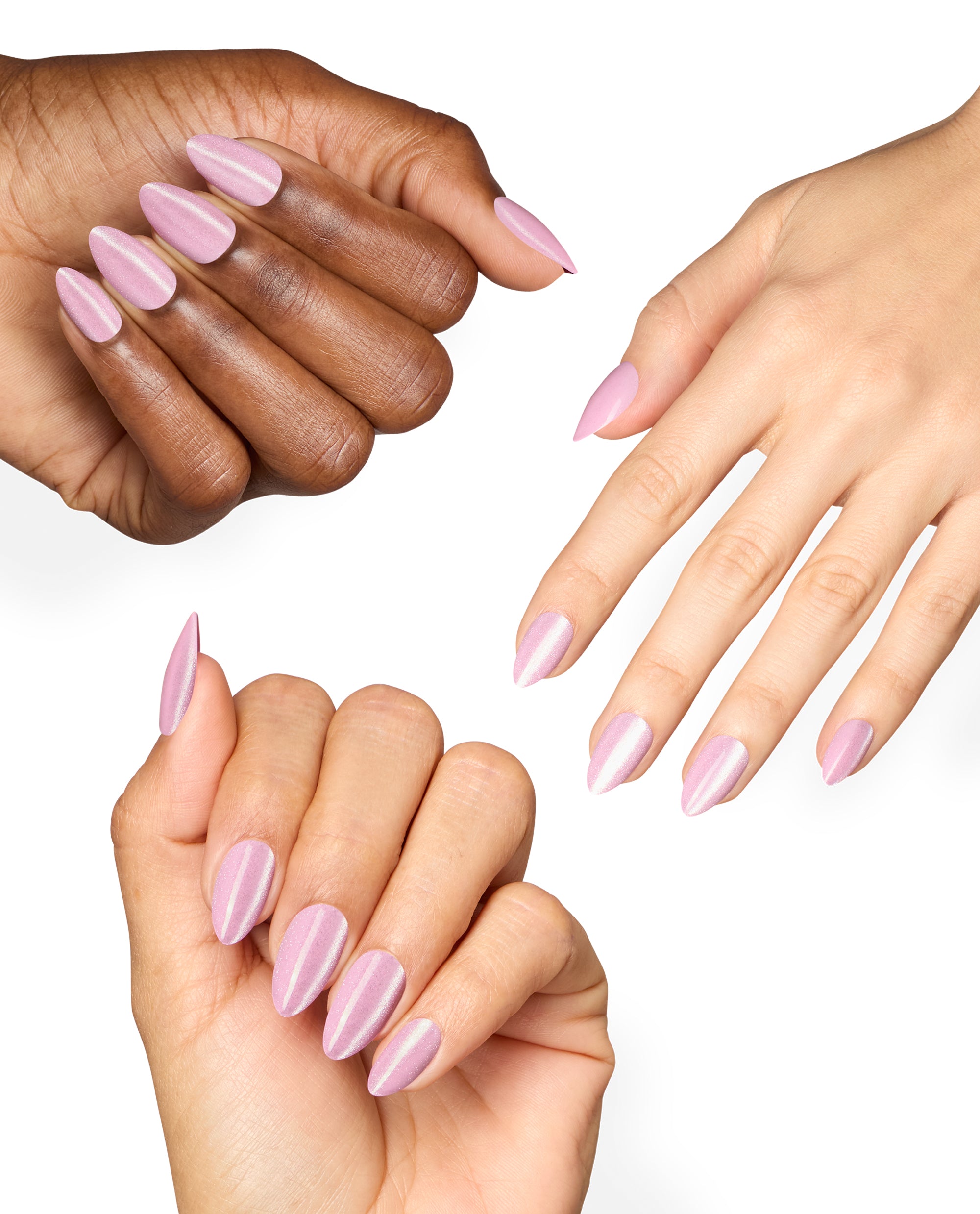 Hands of varied skin tones show OPI Mod About Chrome On Point almond nails in shimmering pink chrome, a soft metallic shade for fall nail colors on a clean white background.