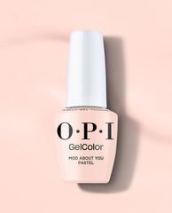 OPI GelColor Mod About You Pastel gel nail polish bottle in soft pale pink stands upright on a blush pink background, a delicate option for fall nail colors.