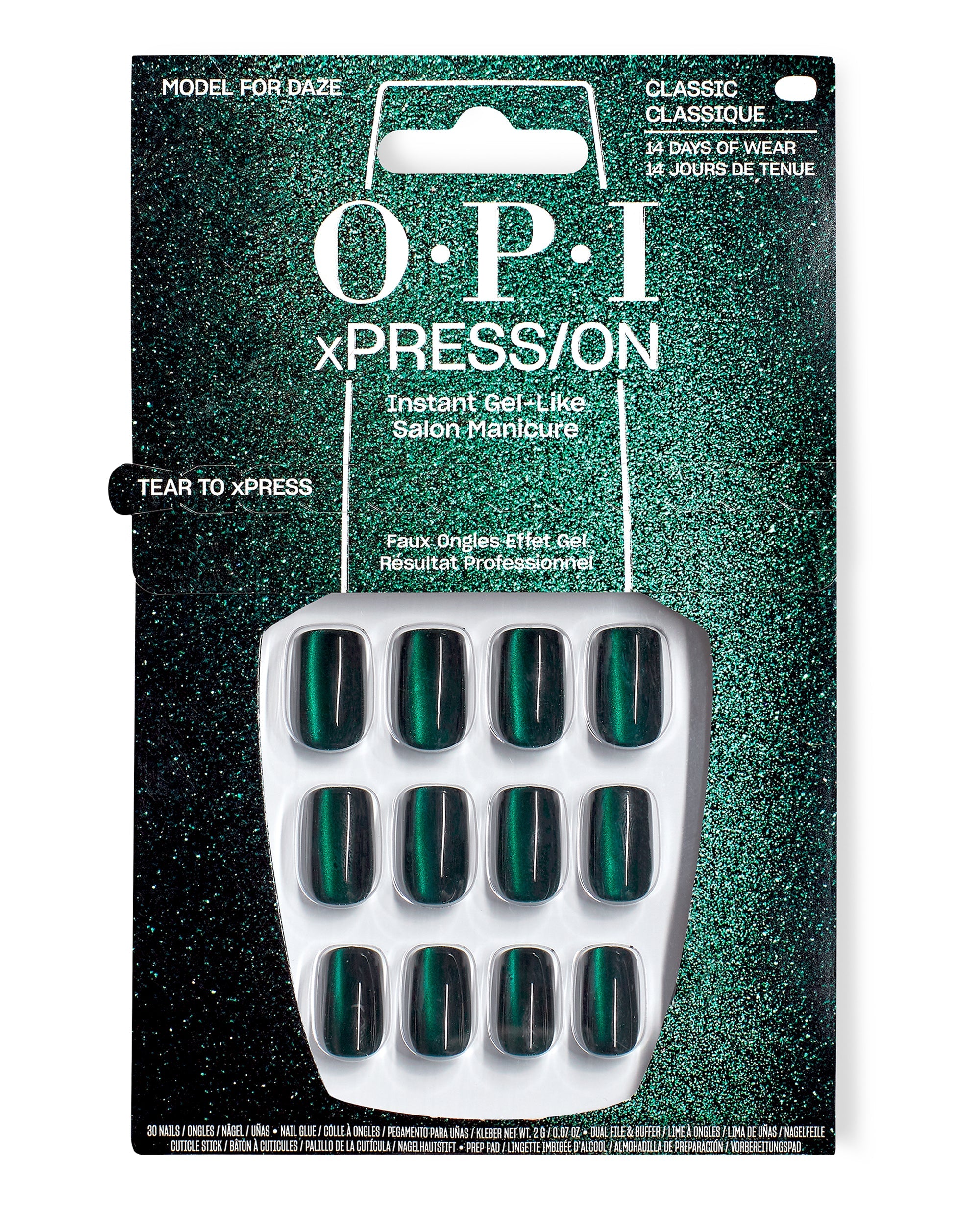OPI xPRESS/ON Effects Model for Daze press-on nails displaying a deep emerald cat-eye green shine, arranged in a plastic tray within glittery teal retail packaging—green nail polish pick for spring nail colors by OPI.