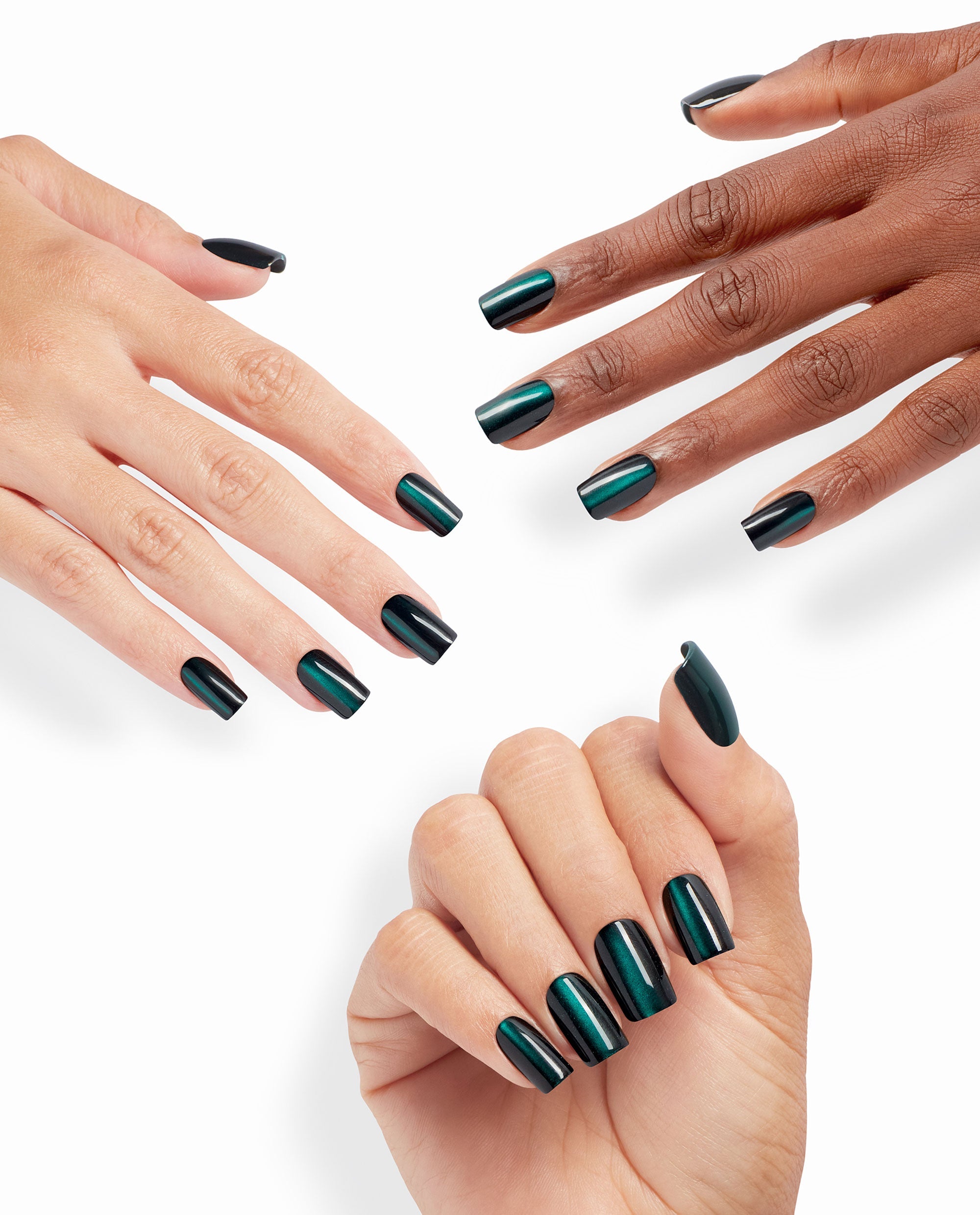 Model for Daze xPRESS/ON Effects press-on nails displaying glossy emerald chrome square tips on multiple hands against a white backdrop, showcasing green nail polish and spring nail colors with an easy salon look from OPI.