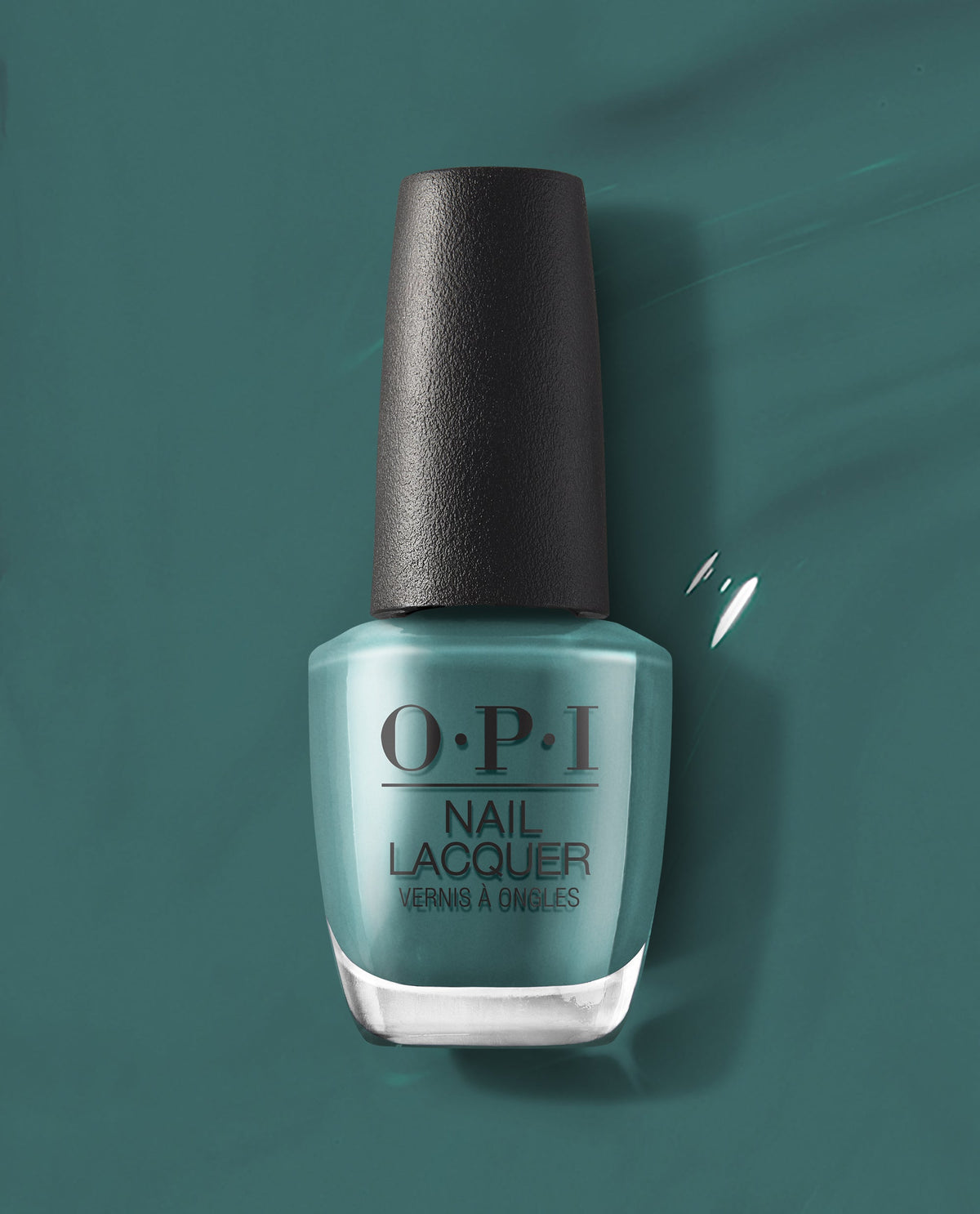 OPI nail polish bottle of My Studio's on Spring teal nail lacquer standing upright against a matching glossy teal background, showcasing the rich, creamy color and black textured cap for a modern salon-quality manicure look.