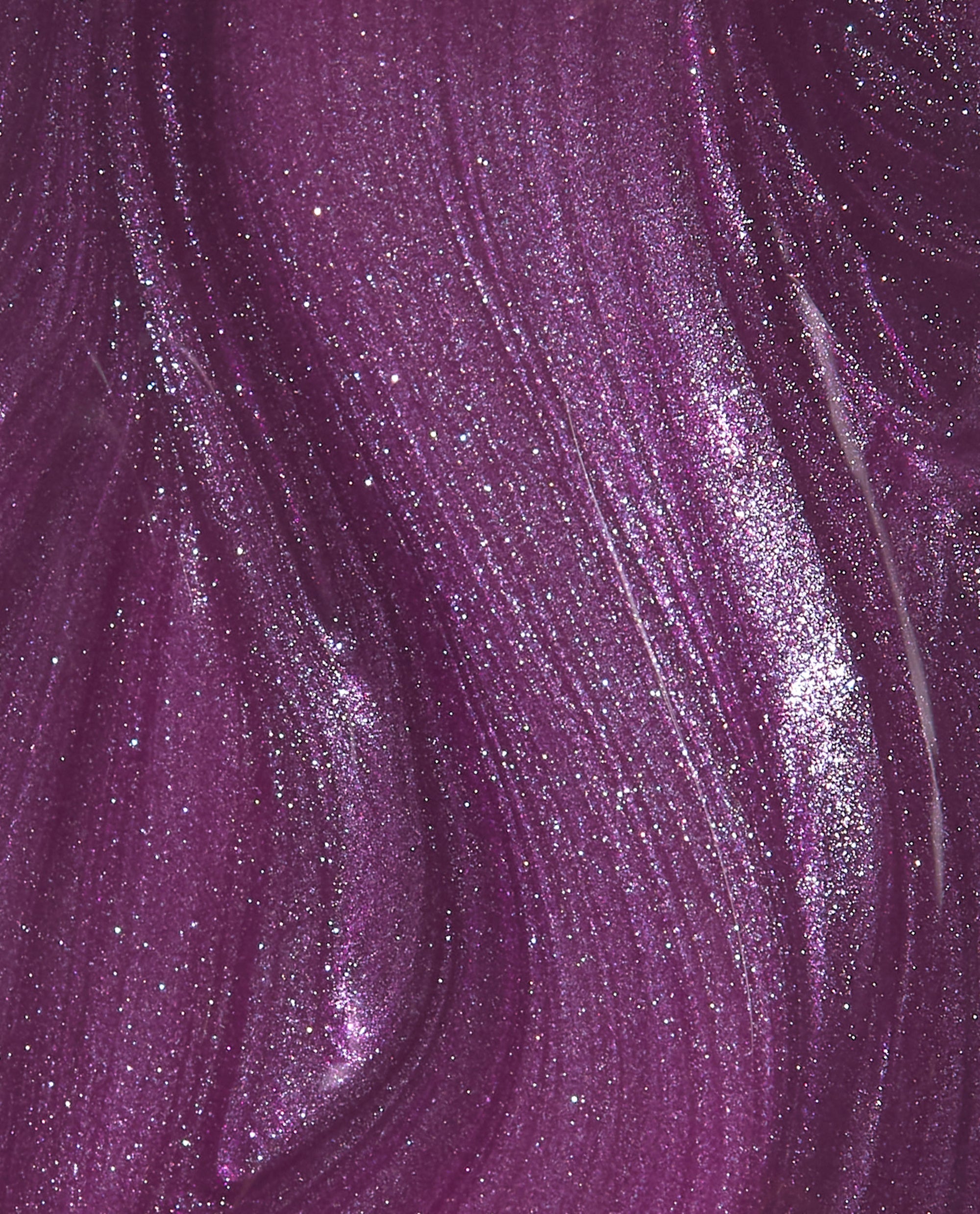 OPI My Berry Janes Infinite Shine nail polish swatch shows a deep berry-purple shimmer with fine silver sparkle and glossy brush-stroke texture, a rich choice among fall nail colors.
