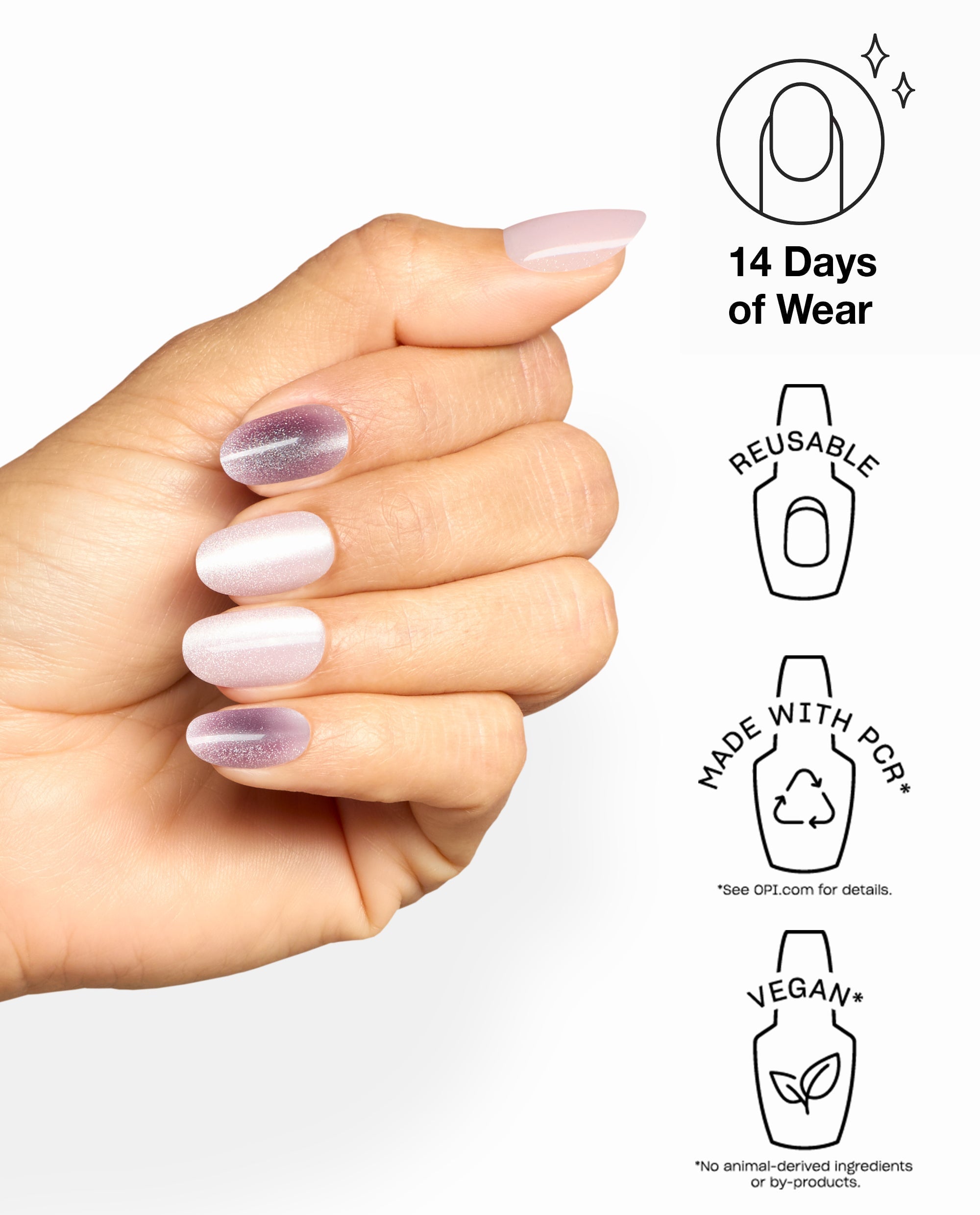 Hand wearing OPI xPRESS/ON My Pink Aura press-on nails in shimmery pink and mauve aura fall nail colors, shown on a white background with icons for 14 days of wear, reusable, made with PCR, and vegan.