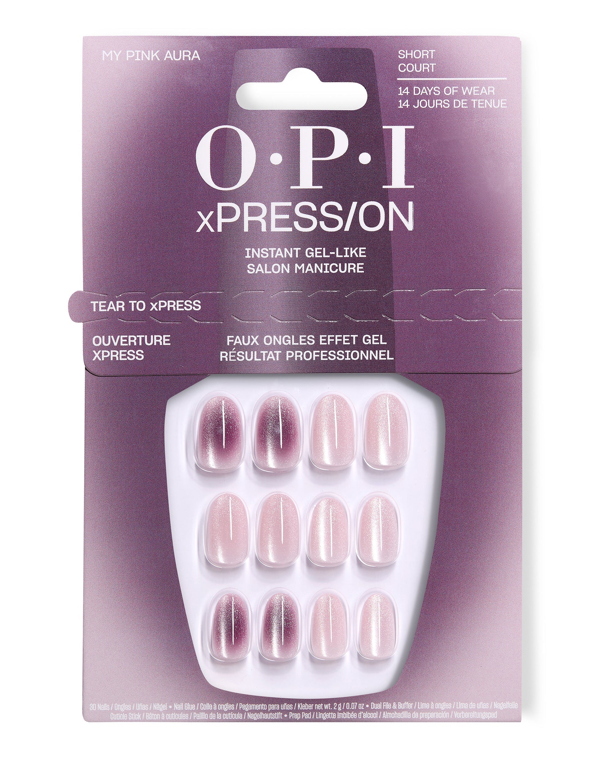 OPI xPRESS/ON My Pink Aura short press-on nails displayed in pink-purple packaging, featuring shimmery blush and plum aura designs for gel-like fall nail colors.