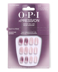 OPI xPRESS/ON My Pink Aura short press-on nails displayed in pink-purple packaging, featuring shimmery blush and plum aura designs for gel-like fall nail colors.