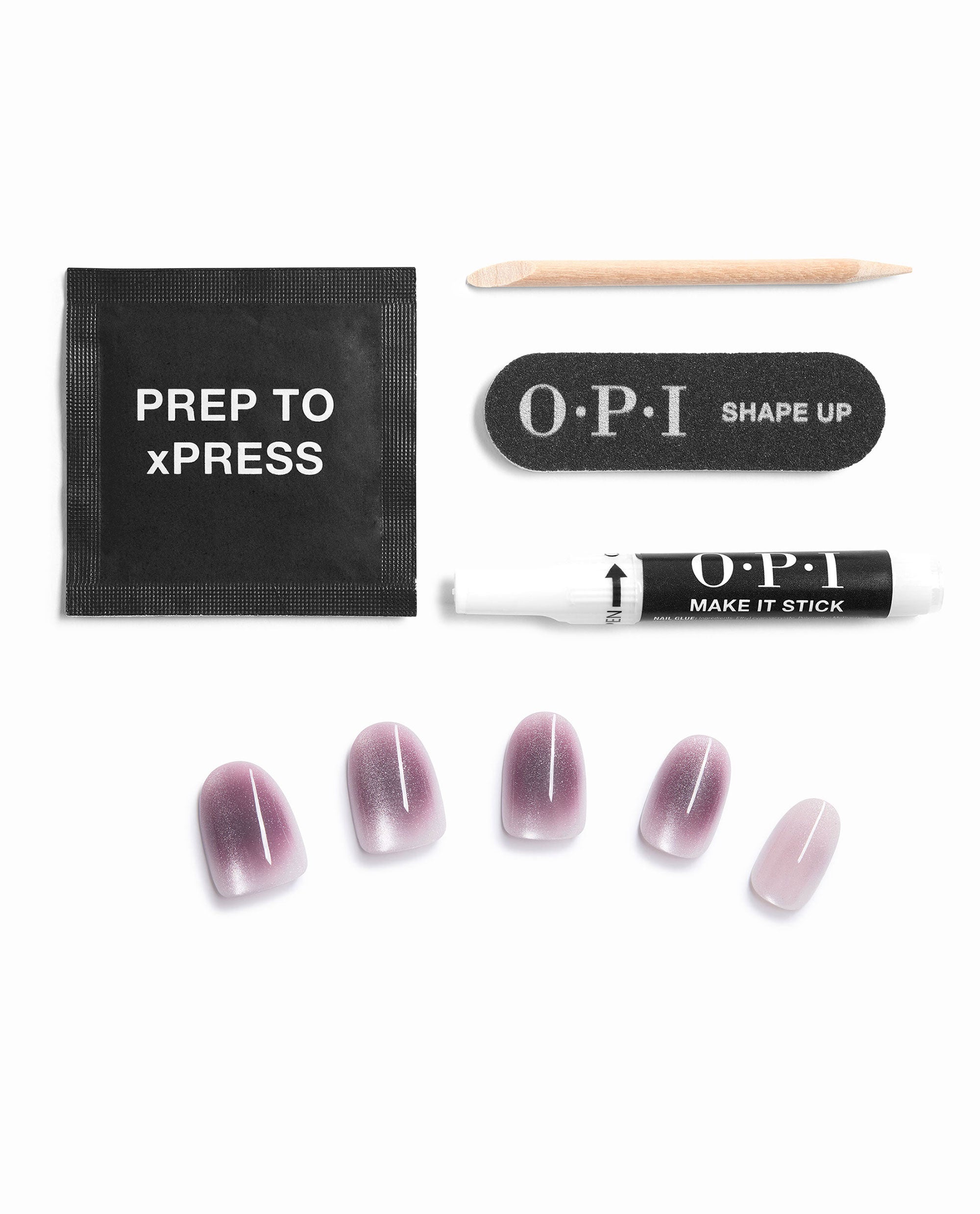 OPI My Pink Aura xPRESS/ON press-on nails in shimmery pink aura fall nail colors, arranged with prep pad, wooden cuticle stick, nail file, and Make It Stick glue on a white background.