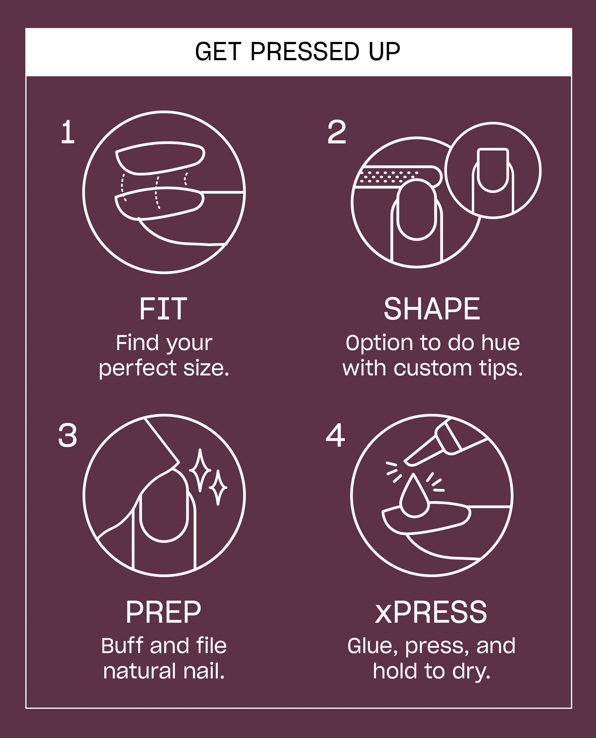 OPI My Pink Aura xPRESS/ON press-on nail instruction card shows four steps - fit, shape, prep, and glue press to dry - on a burgundy background, ideal for easy fall nail colors.