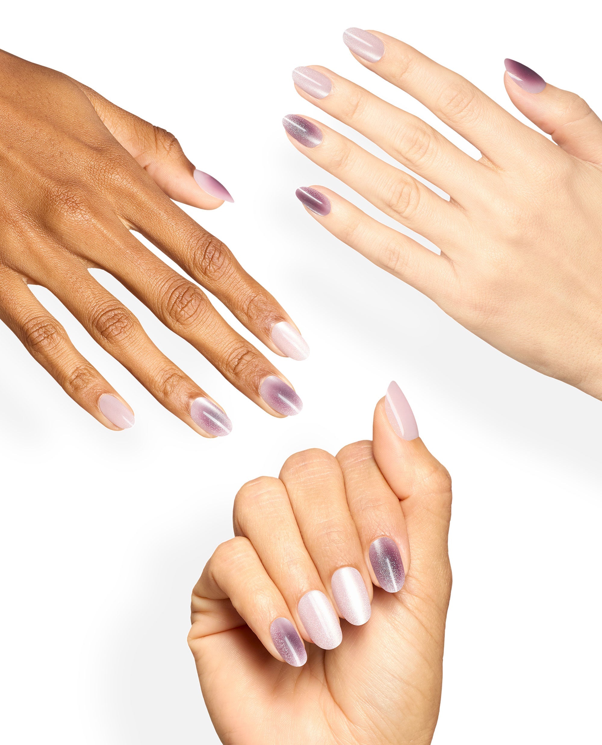 Hands with varied skin tones show OPI My Pink Aura xPRESS/ON almond nails in shimmery pale pink and mauve aura gradients, a soft option for fall nail colors on a white background.