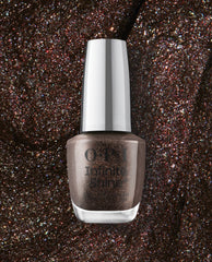 OPI Infinite Shine My Private Jet nail polish bottle in shimmering brown holographic lacquer stands against a matching glitter textured background, highlighting a trending long-lasting manicure shade.