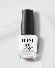 OPI Nail Envy Alpine Snow Nail Strengthener bottle in opaque white with a textured black cap, standing on a glossy white surface for trending nail treatments and strengtheners.