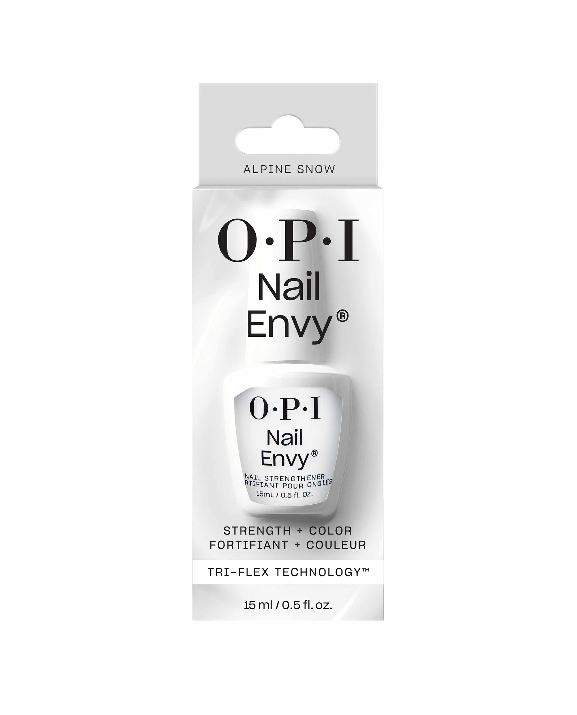 Trending OPI Nail Envy Alpine Snow nail strengthener bottle displayed in a white retail carton, showing 15 mL Strength + Color treatment with Tri-Flex Technology on a clean white background.