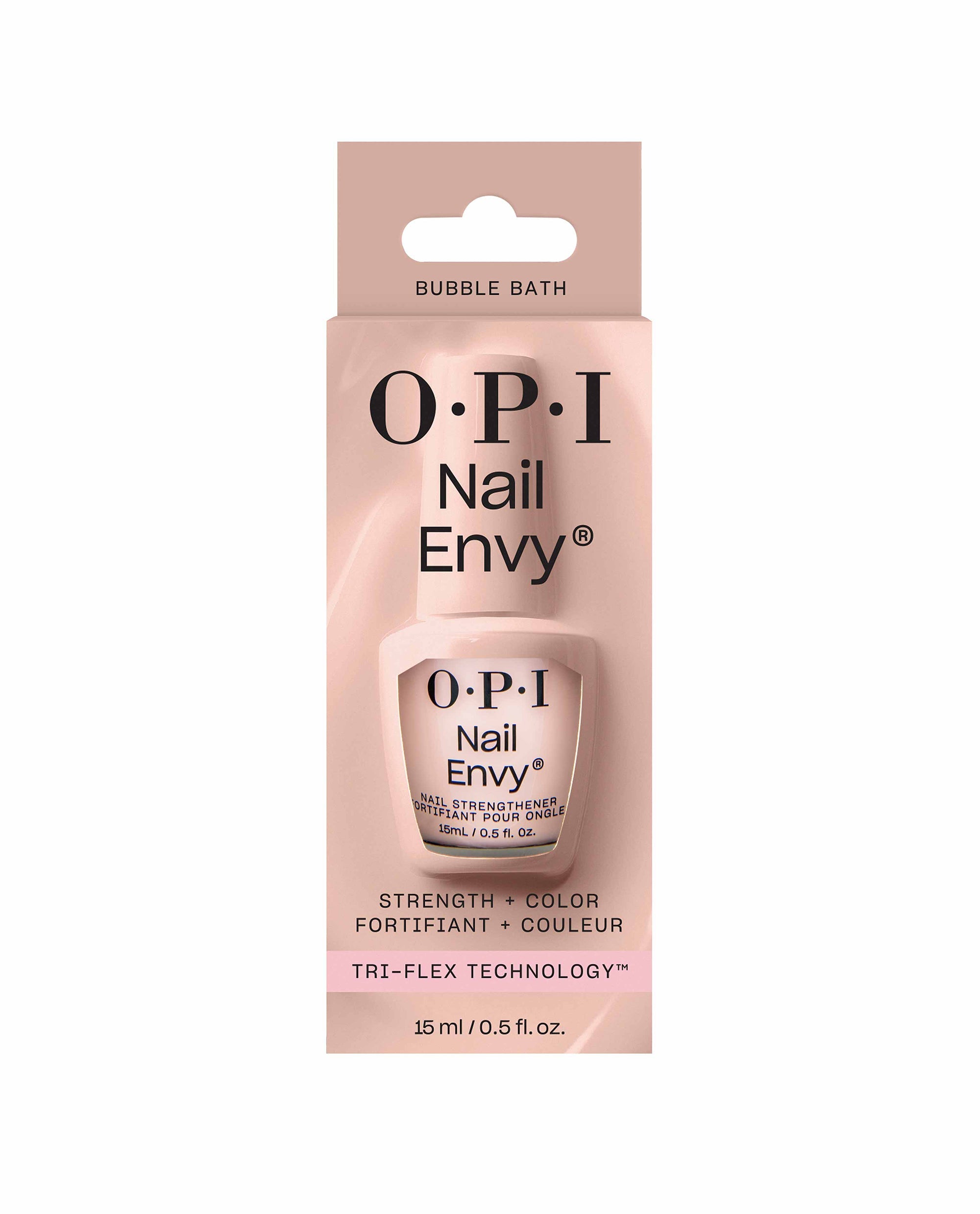 OPI Nail Envy Bubble Bath Nail Strengthener bottle showcased in blush pink carton packaging, highlighting strength plus color treatment with Tri-Flex Technology, ideal as a nail polish gift set for stronger, healthier-looking nails.