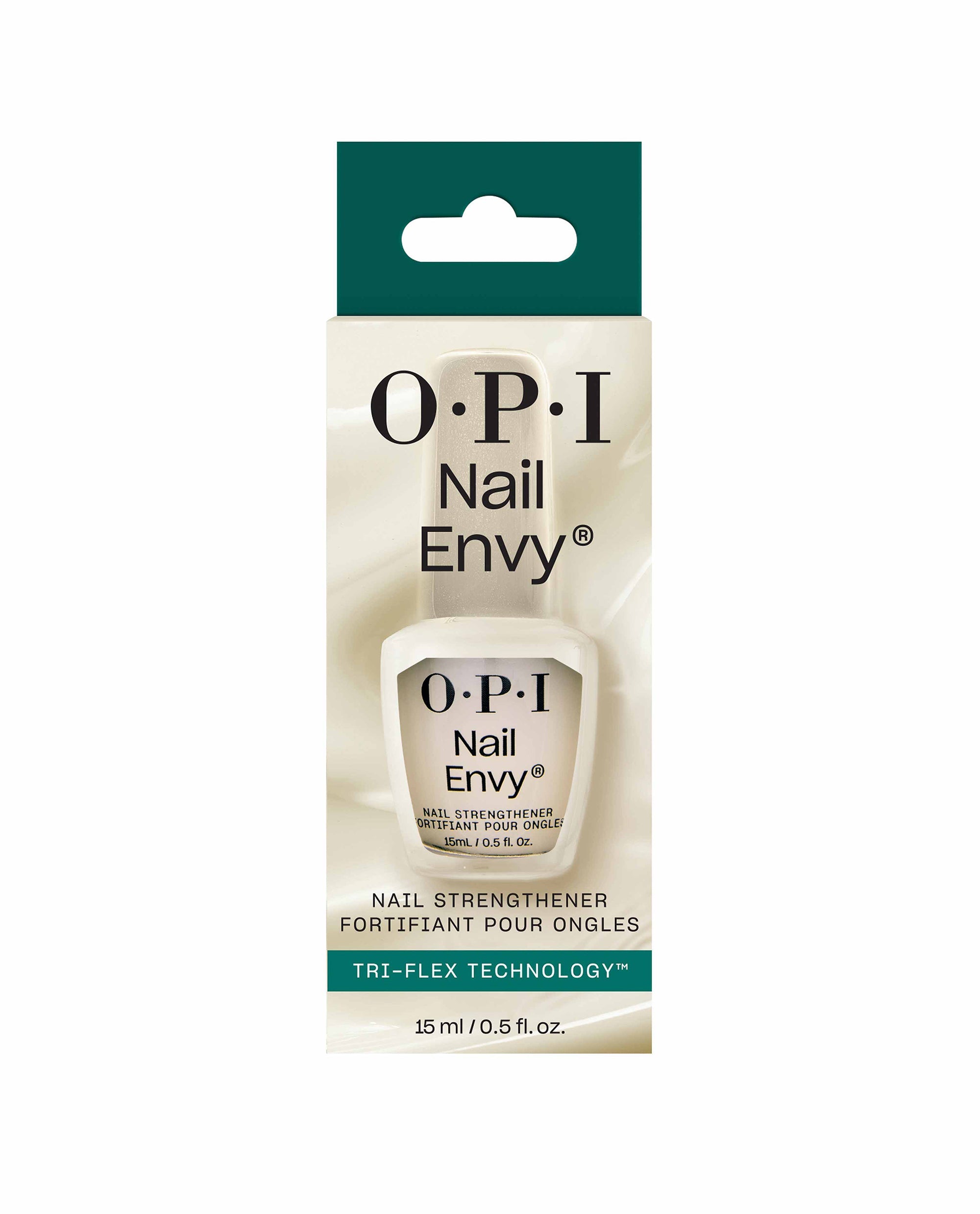 OPI Nail Envy Nail Strengthener bottle displayed in its cream and teal carton packaging, highlighting Tri-Flex Technology and 15 ml size, ideal as a treatments and strengtheners addition to any OPI nail polish gift set.