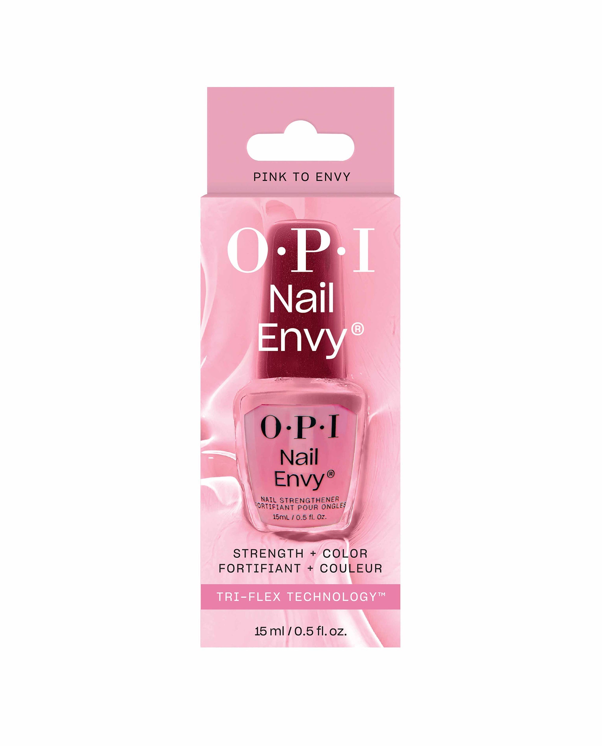 OPI Nail Envy Pink To Envy Nail Strengthener bottle displayed in pink retail carton, showcasing strength plus color treatment with Tri-Flex Technology, ideal OPI nail polish gift set option for strengthening and tinting natural nails.