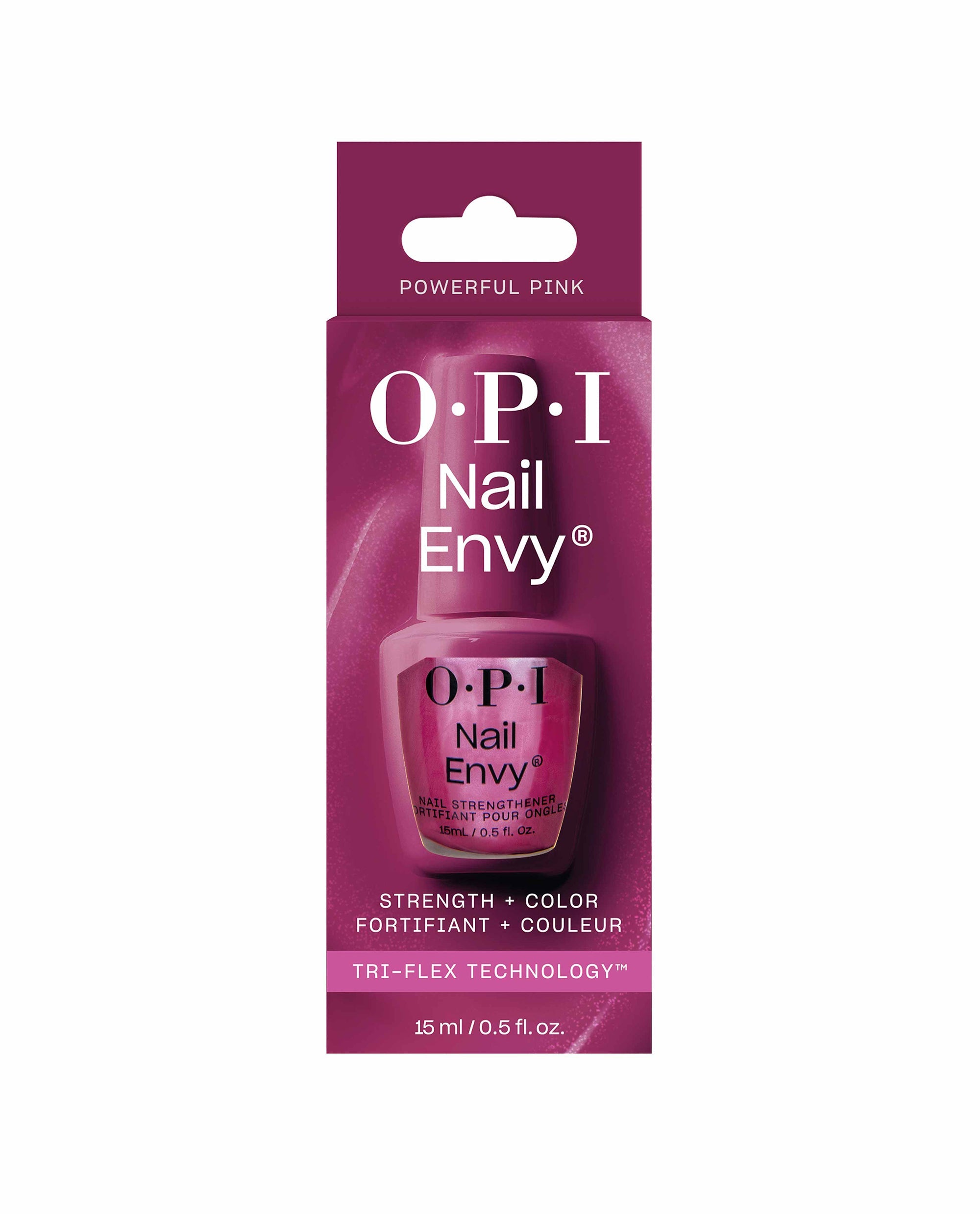 Trending OPI Nail Envy Powerful Pink Nail Strengthener carton displays a pink 15 mL treatment bottle with Tri-Flex Technology on magenta packaging against a white background.
