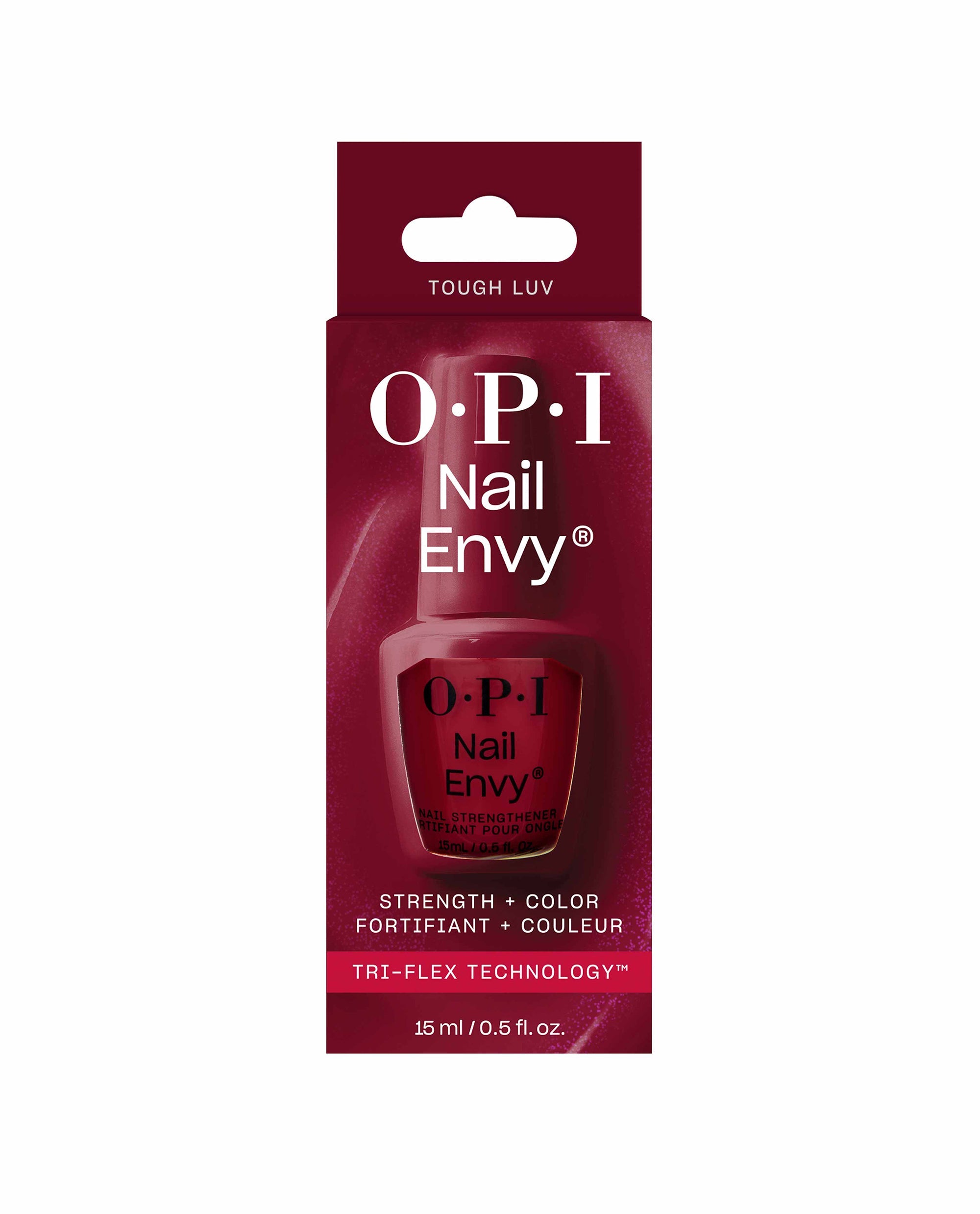 OPI Nail Envy Tough Luv Nail Strengthener in deep red packaging, featuring strength plus color and Tri-Flex Technology, displayed on a white background for fall nail colors.