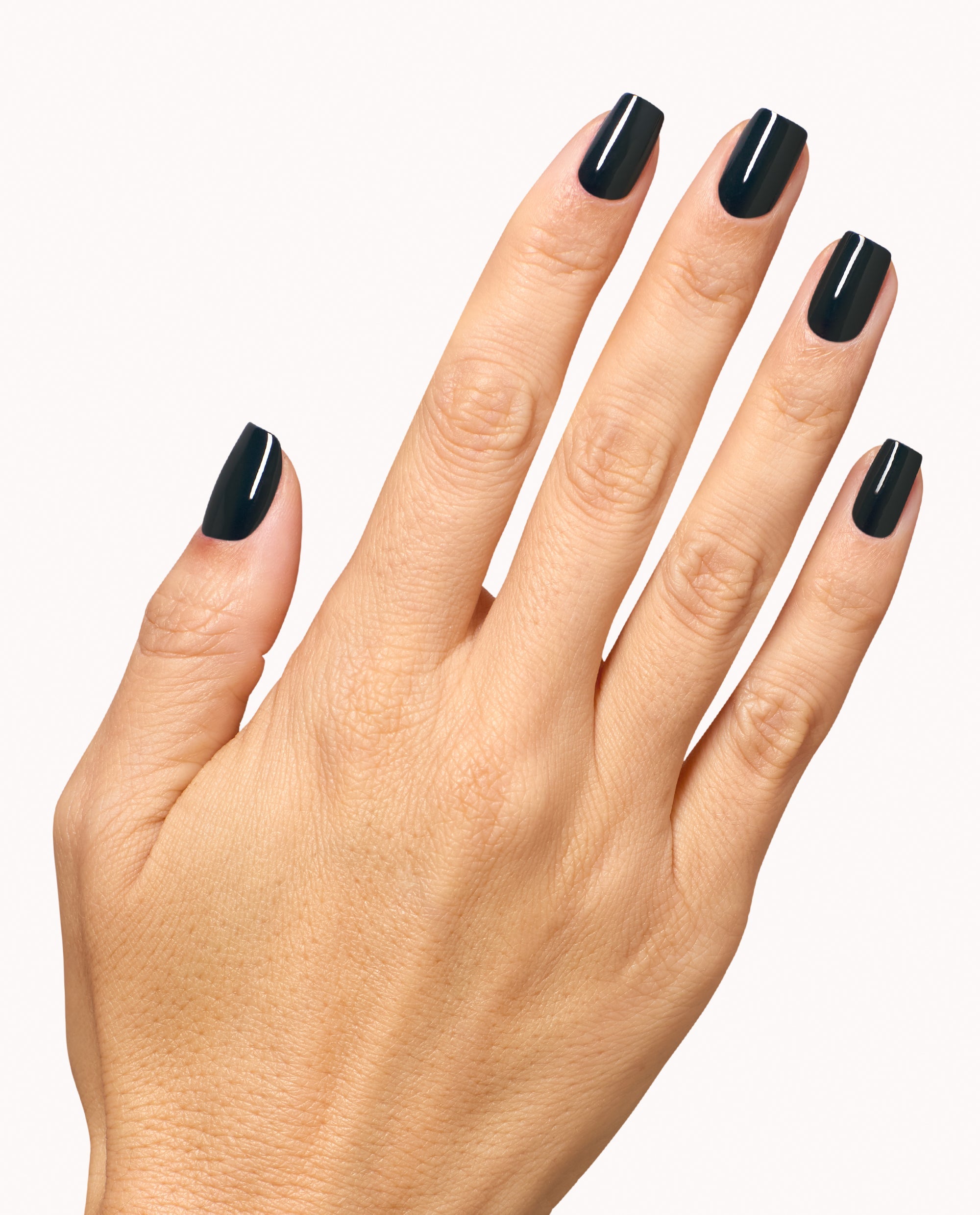 Hand displaying glossy deep black OPI Infinite Shine manicure in Nein! Nein! Nein! OK Fine!, a dramatic shade for fall nail colors, against a clean white background.