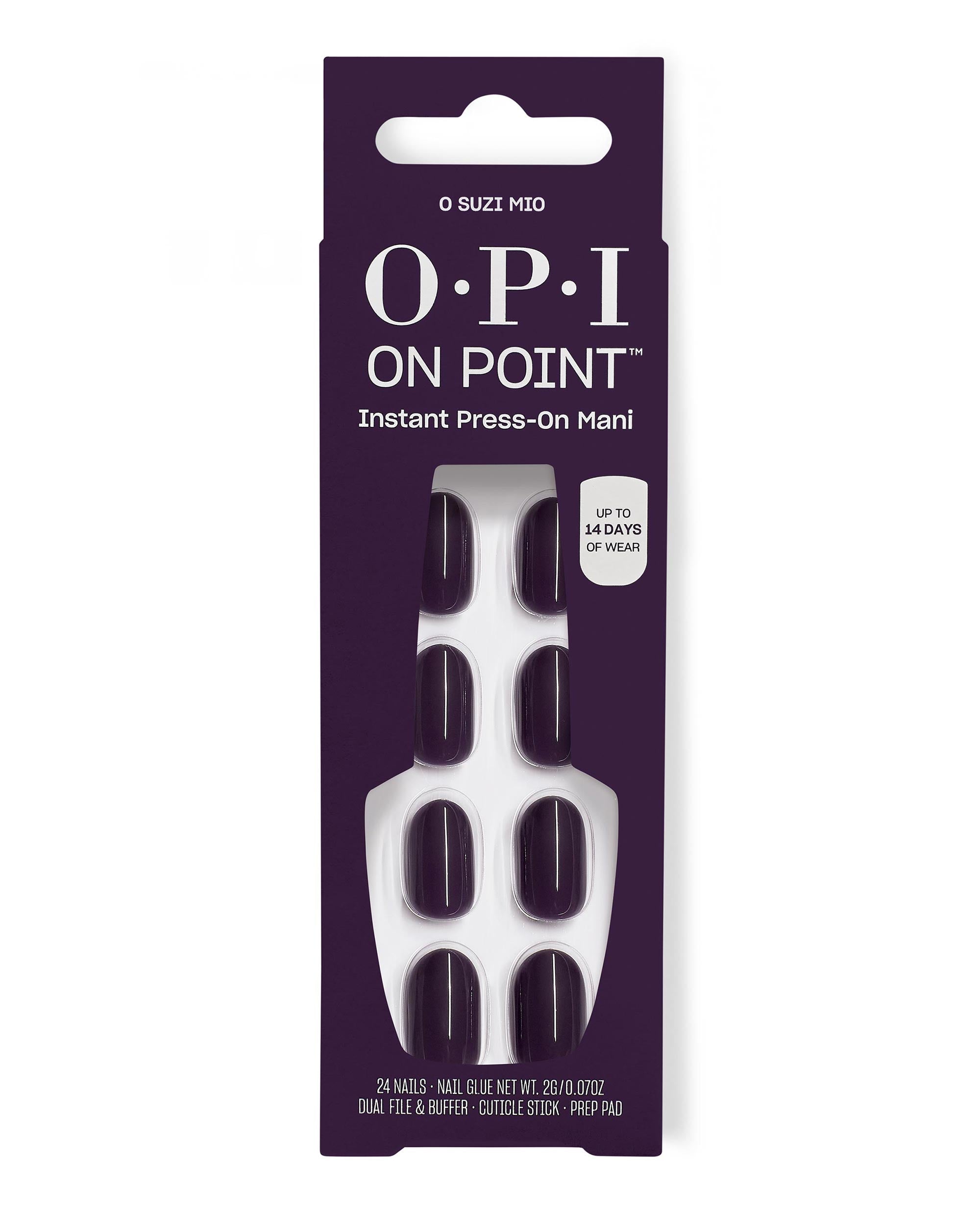 OPI On Point O Suzi Mio press-on nails display glossy deep plum fall nail colors in retail packaging with 24 nails, glue, file, cuticle stick, prep pad, and up to 14 days of wear.
