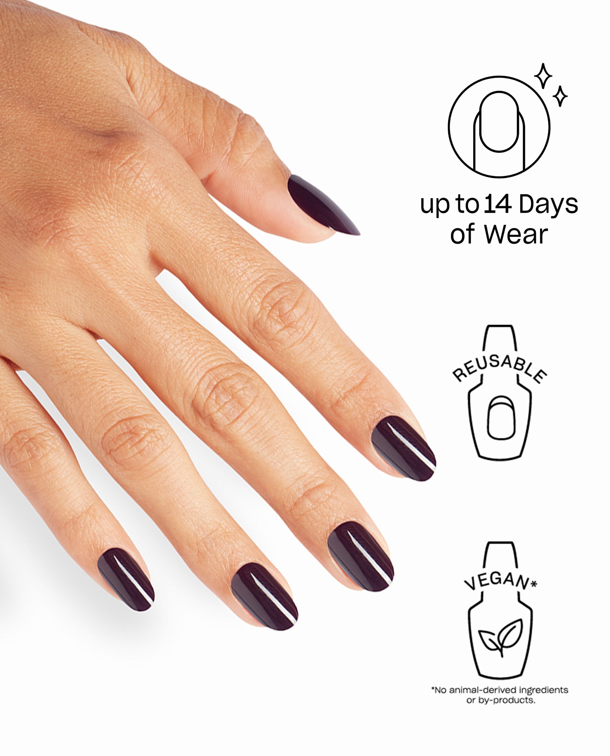 O Suzi Mio On Point nails show a glossy deep plum OPI fall nail color on a hand, with benefit icons for up to 14 days of wear, reusable design, and vegan formula.