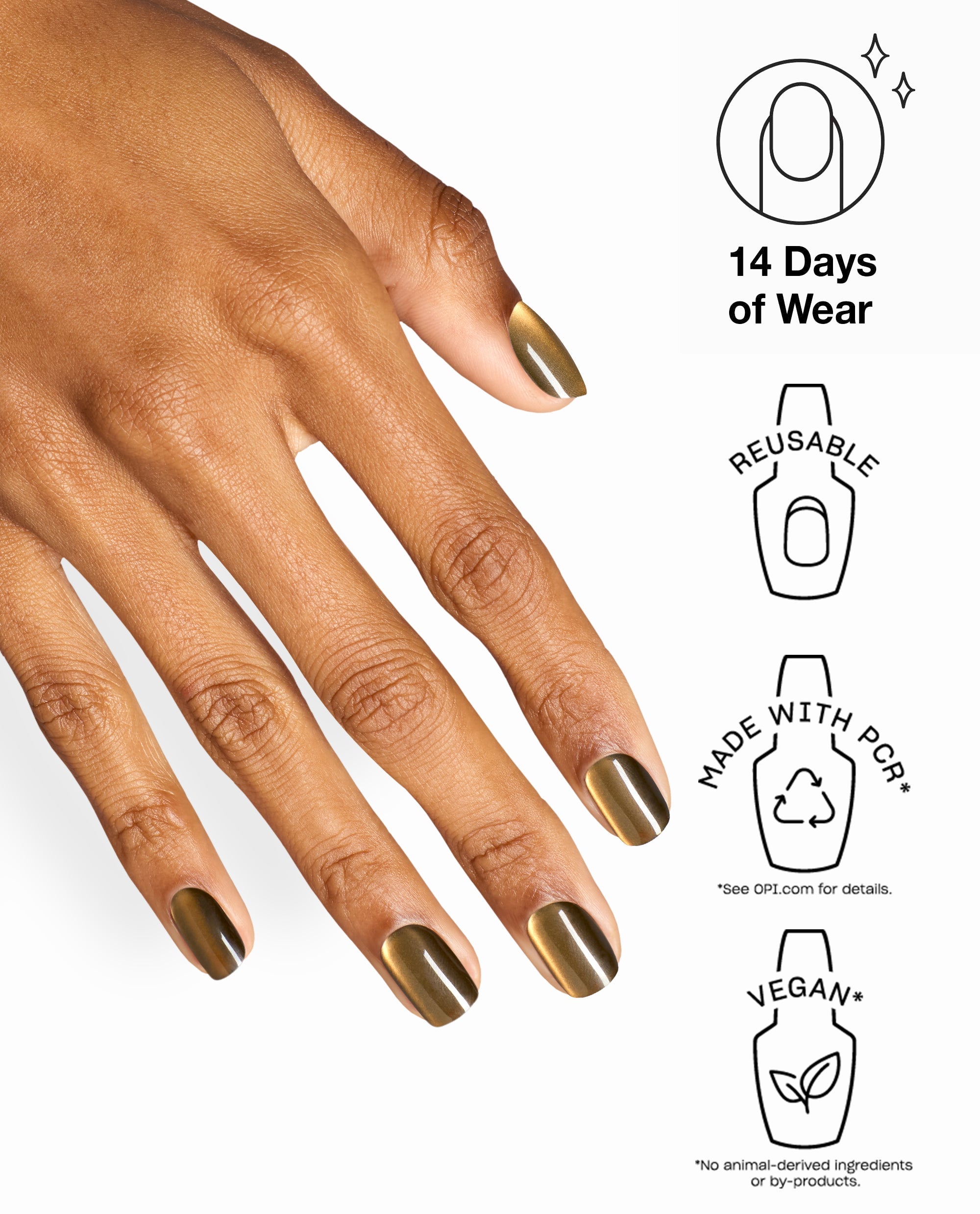 Hand wearing OPI Olive My Nails xPRESS/ON artificial nails in glossy metallic olive, a fall nail color, shown on a white background with benefit icons for 14 days of wear, reusable, made with PCR, and vegan.