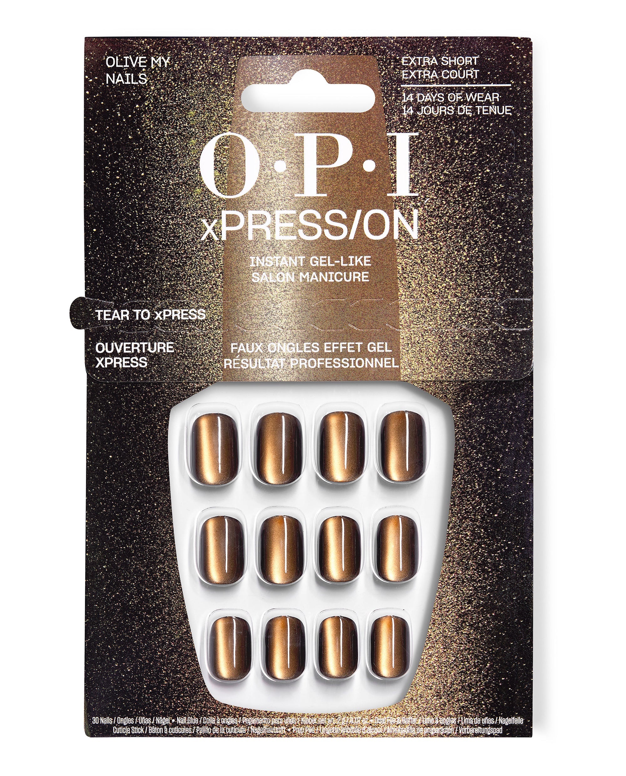 OPI xPRESS/ON Olive My Nails extra-short press-on nails displayed in glittery black retail packaging, featuring metallic olive-bronze gel-like tips for fall nail colors and up to 14 days of wear.