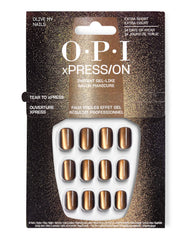 OPI xPRESS/ON Olive My Nails extra-short press-on nails displayed in glittery black retail packaging, featuring metallic olive-bronze gel-like tips for fall nail colors and up to 14 days of wear.