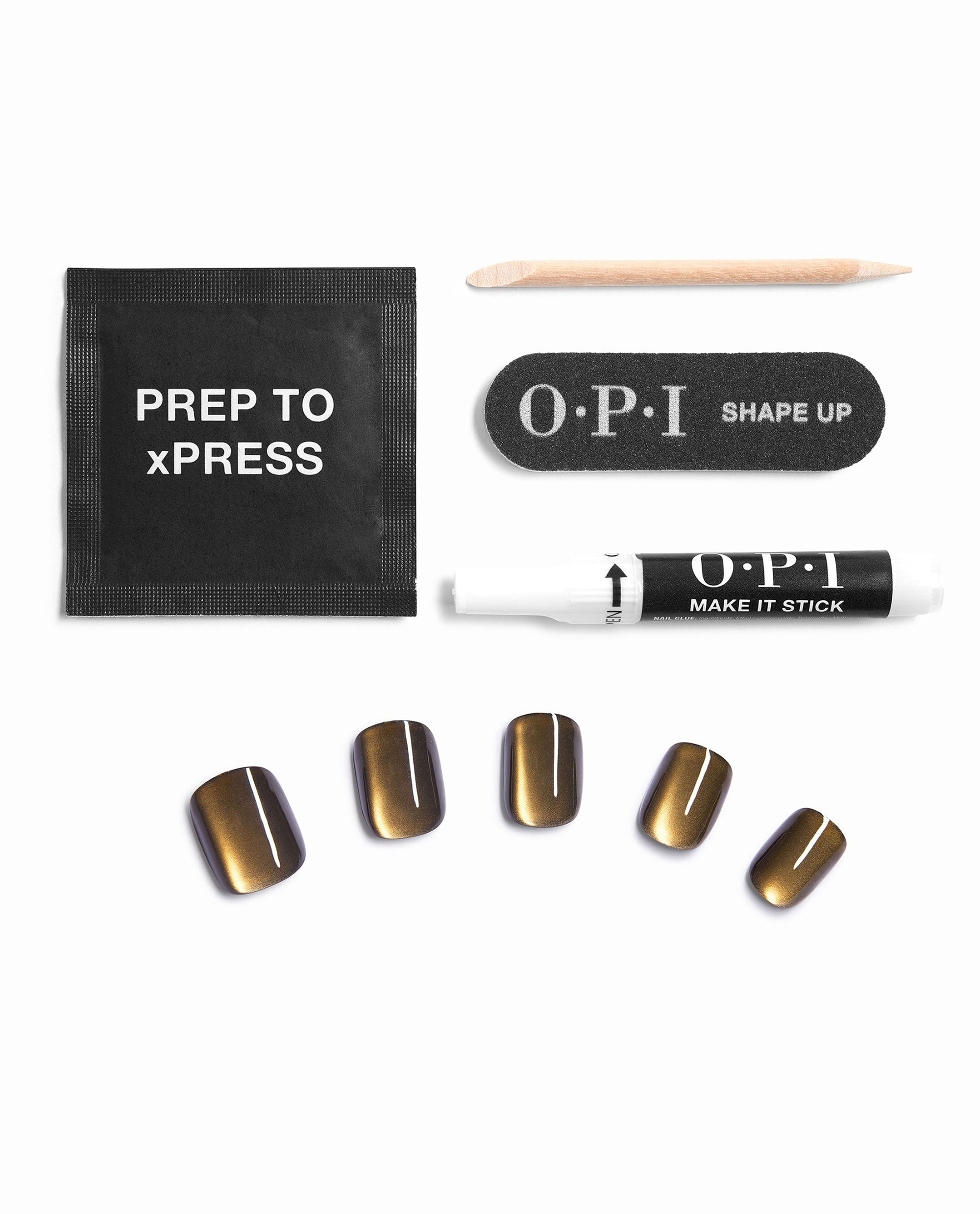 OPI Olive My Nails xPRESS/ON kit displays bronze olive press-on nails with prep pad, wooden cuticle stick, Shape Up file, and Make It Stick nail glue on a white background, showcasing fall nail colors.